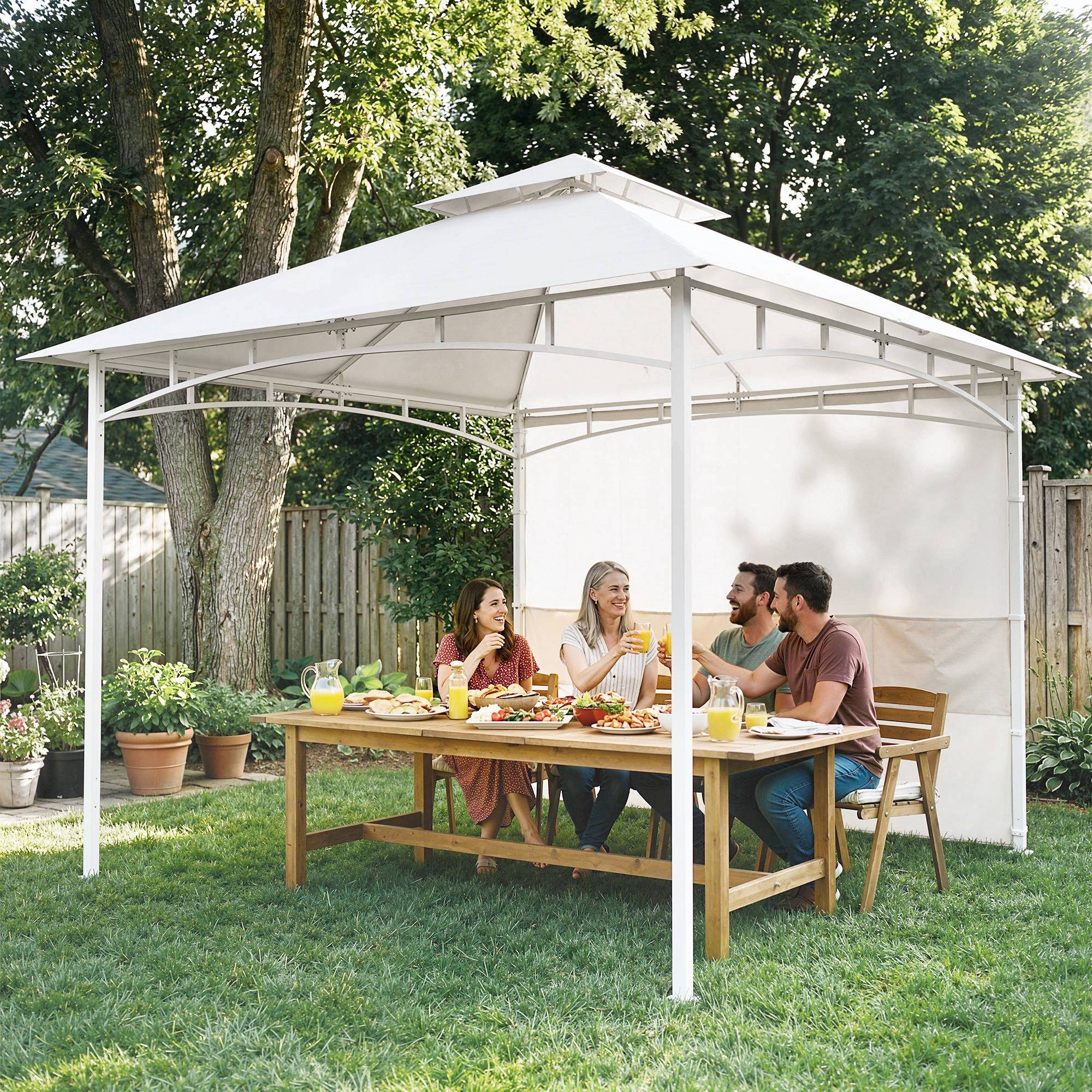 Pavillon Tonnelle de Jardin Toit Double Rideaux et Poches de Rangement Crochet de Plafond 3 x 3 m Crème - Image 4