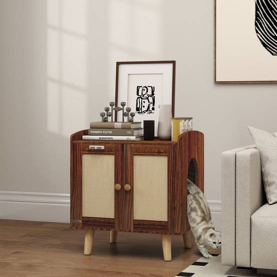 Meuble de rangement avec porte et tapis en sisal pour litière pour chat, idéal pour le salon ou la chambre (55 x 43 x 59,6 cm, marron). - Image 4