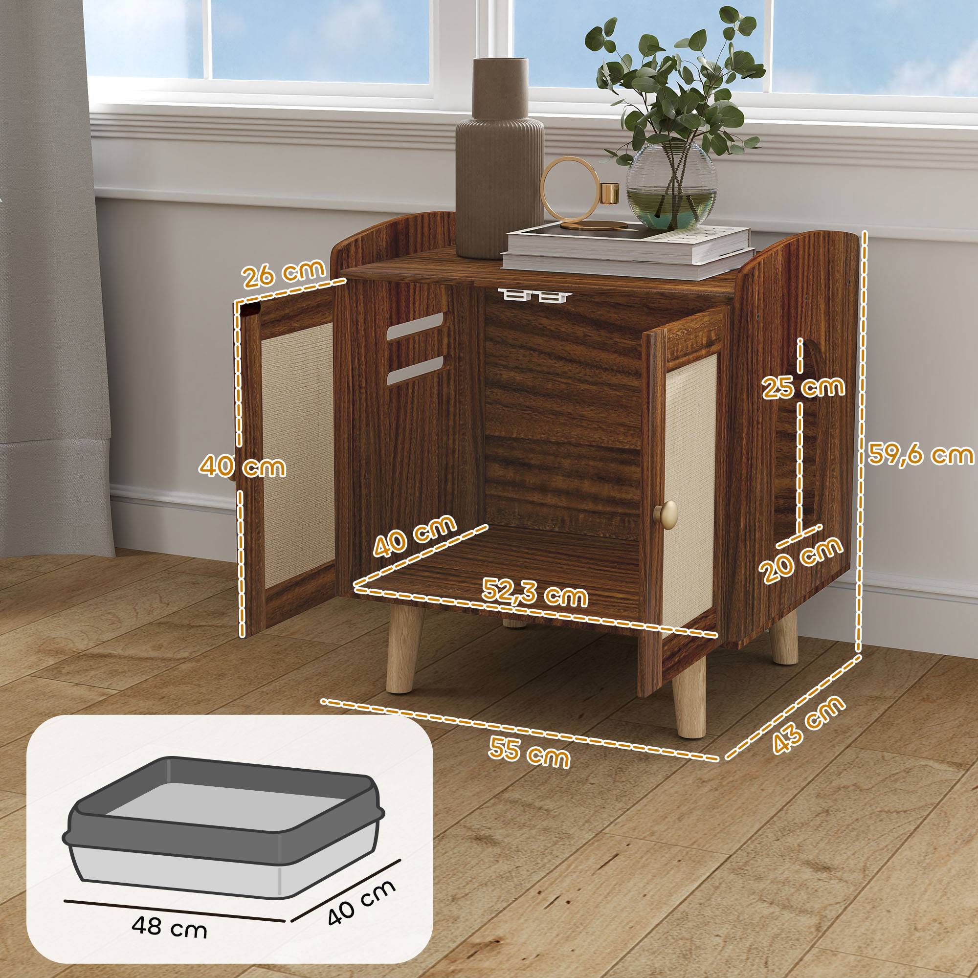 Meuble de rangement avec porte et tapis en sisal pour litière pour chat, idéal pour le salon ou la chambre (55 x 43 x 59,6 cm, marron). - Image 5