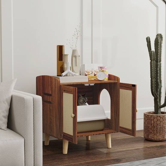 Meuble de rangement avec porte et tapis en sisal pour litière pour chat, idéal pour le salon ou la chambre (55 x 43 x 59,6 cm, marron). - Image 3