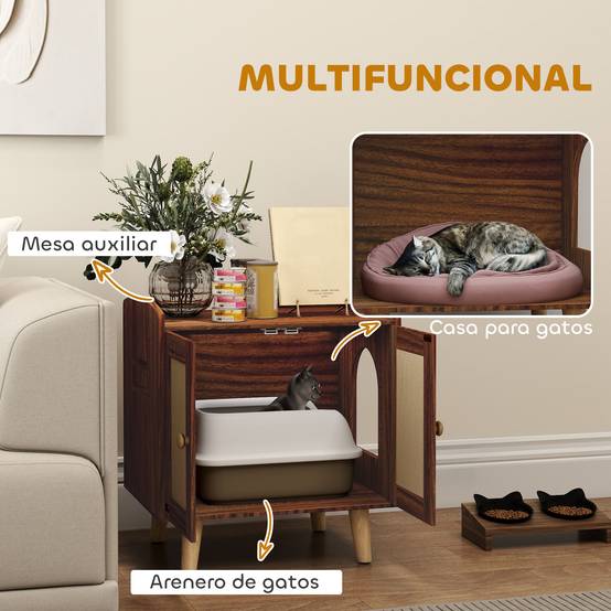Meuble de rangement avec porte et tapis en sisal pour litière pour chat, idéal pour le salon ou la chambre (55 x 43 x 59,6 cm, marron). - Image 6