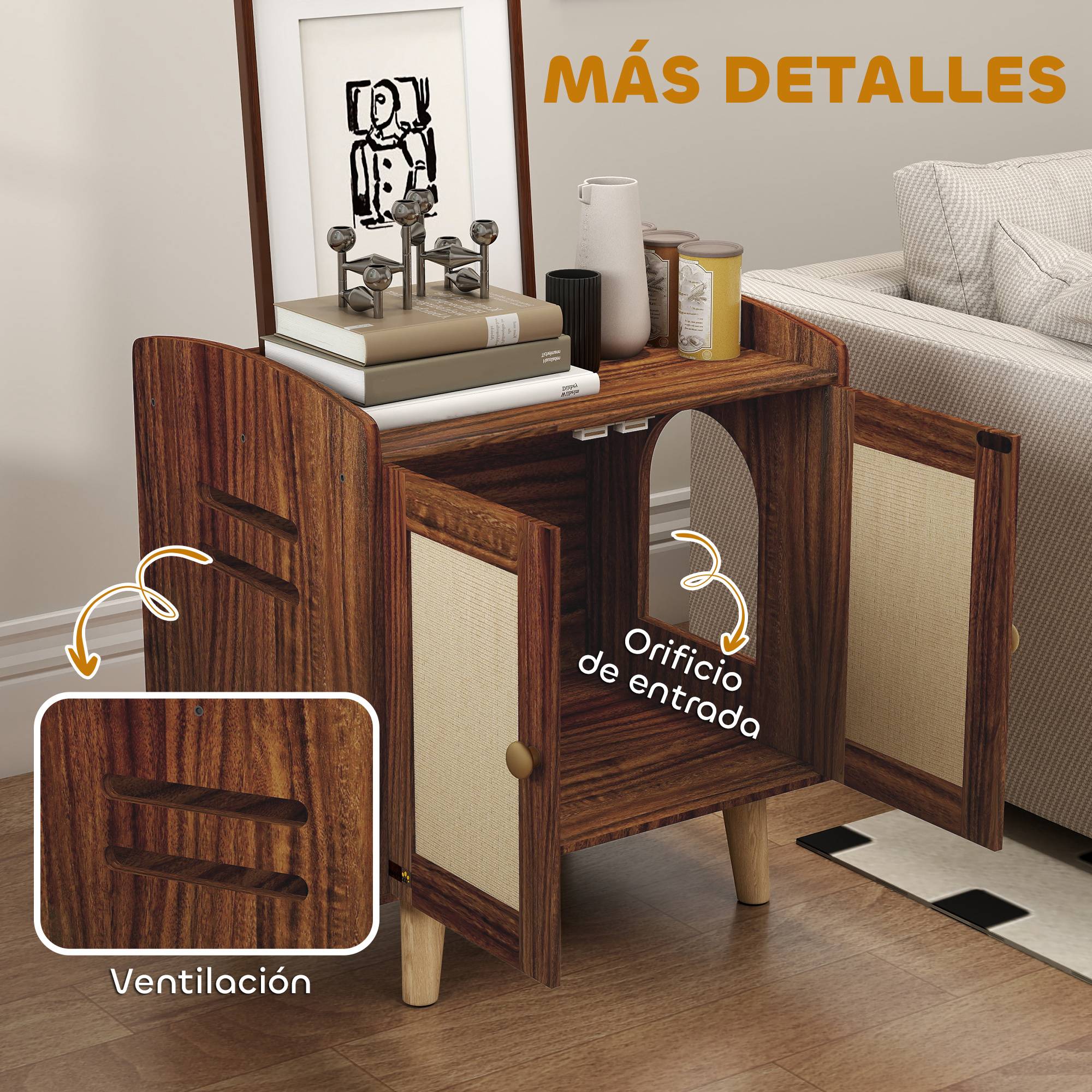 Meuble de rangement avec porte et tapis en sisal pour litière pour chat, idéal pour le salon ou la chambre (55 x 43 x 59,6 cm, marron). - Image 10