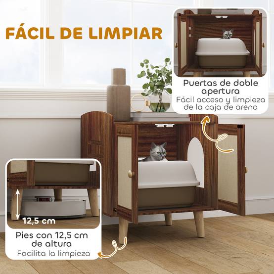 Meuble de rangement avec porte et tapis en sisal pour litière pour chat, idéal pour le salon ou la chambre (55 x 43 x 59,6 cm, marron). - Image 9