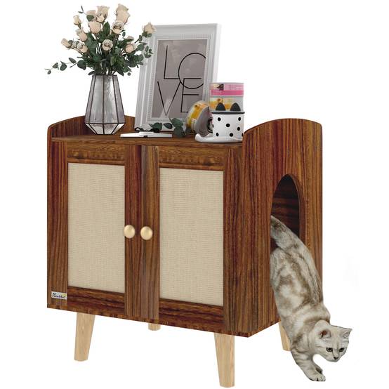 Meuble de rangement avec porte et tapis en sisal pour litière pour chat, idéal pour le salon ou la chambre (55 x 43 x 59,6 cm, marron). - Image 1
