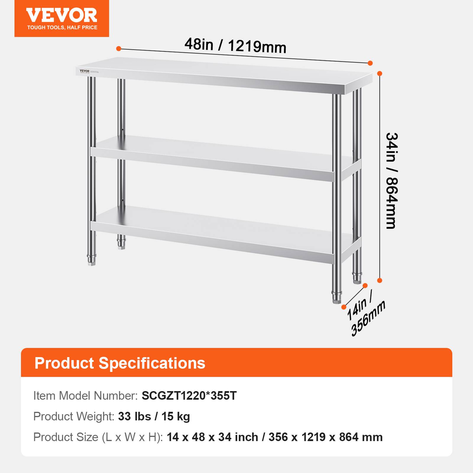 Vevor - VEVOR Poste travail cuisine métal 14"x48"x34". 2 étagères inférieures réglables, inox. Pour barbecue, garage. - Image 7