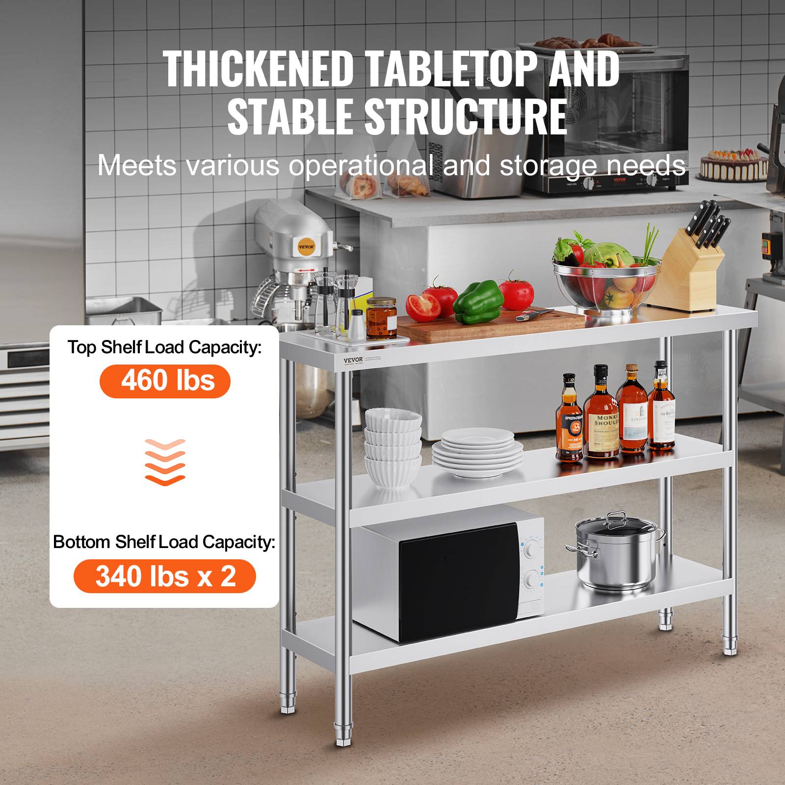Vevor - VEVOR Poste travail cuisine métal 14"x48"x34". 2 étagères inférieures réglables, inox. Pour barbecue, garage. - Image 3
