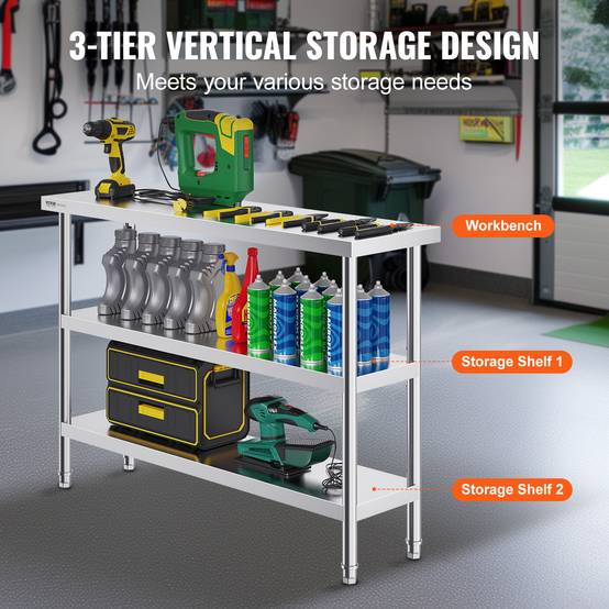 Vevor - VEVOR Poste travail cuisine métal 14"x48"x34". 2 étagères inférieures réglables, inox. Pour barbecue, garage. - Image 4