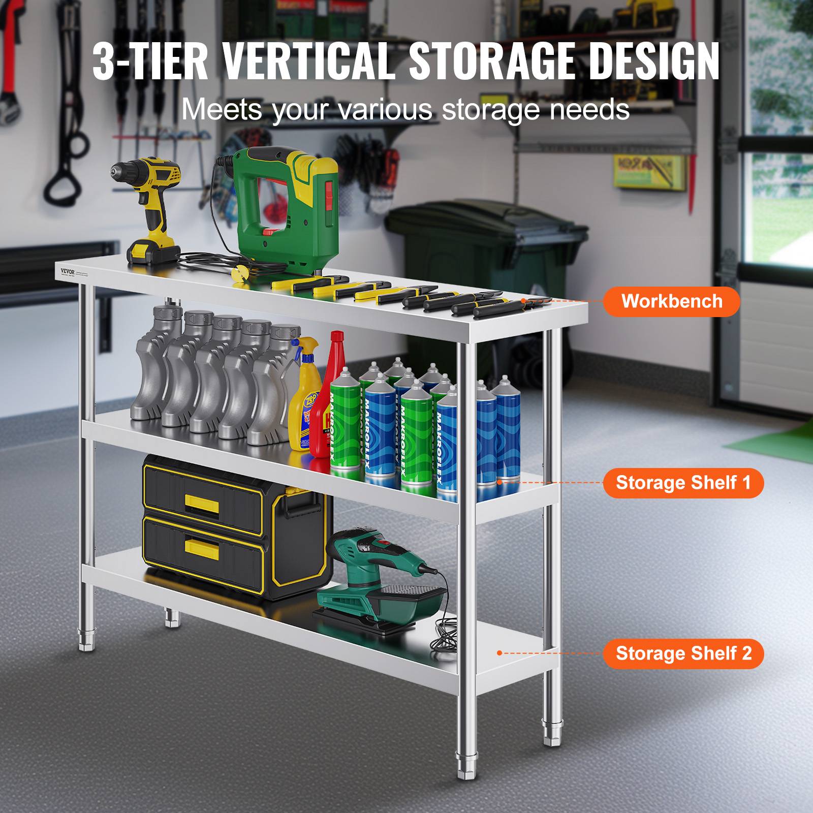 Vevor - VEVOR Poste travail cuisine métal 14"x48"x34". 2 étagères inférieures réglables, inox. Pour barbecue, garage. - Image 4