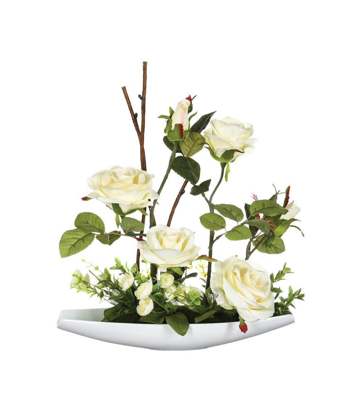 Composition florale artificielle Roses dans une coupelle en céramique L 32 x H 35 cm - Image 1
