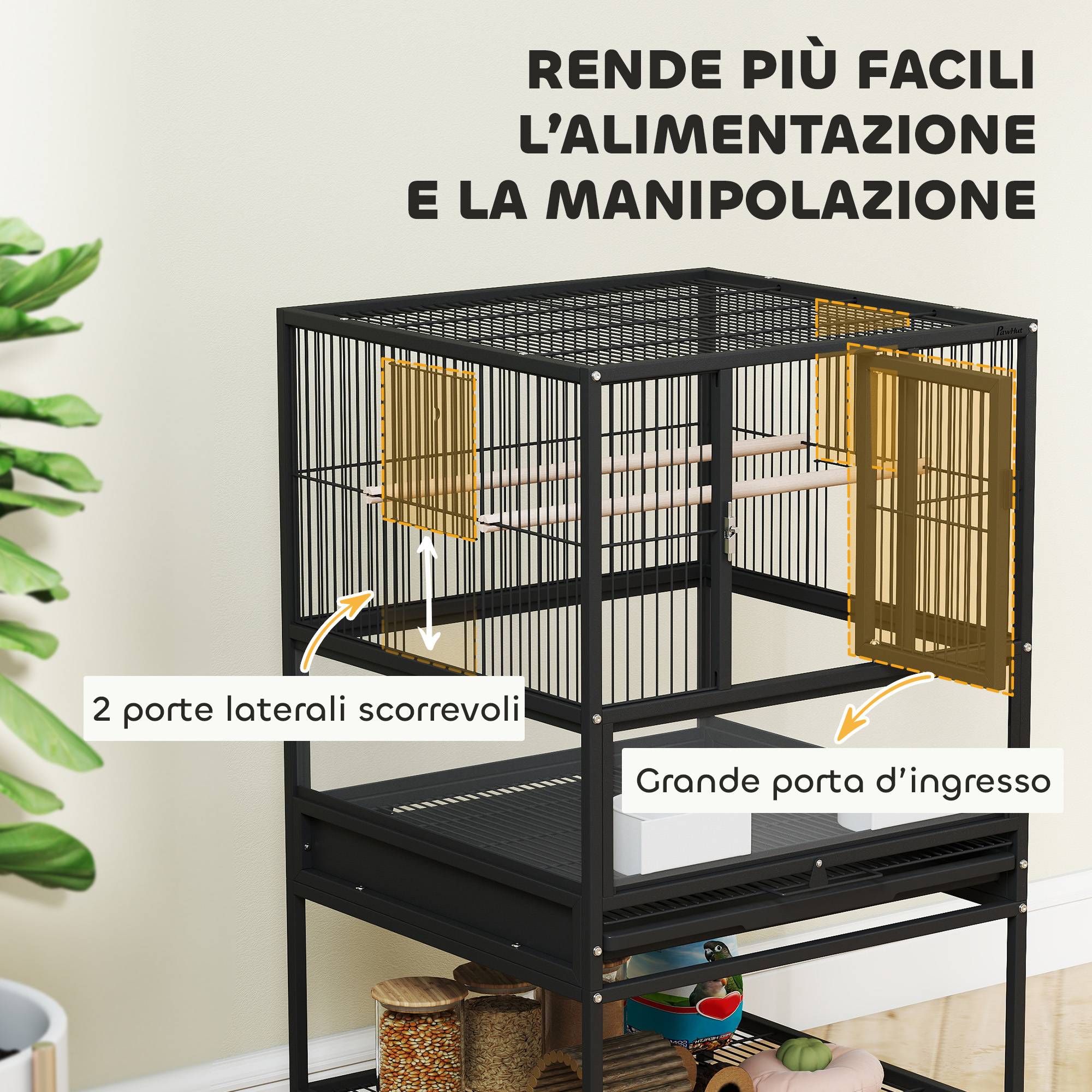 Cage pour oiseaux avec étagère inférieure, bac et grille amovibles, en acier et PP, 48x46x83 cm, noir - Image 8