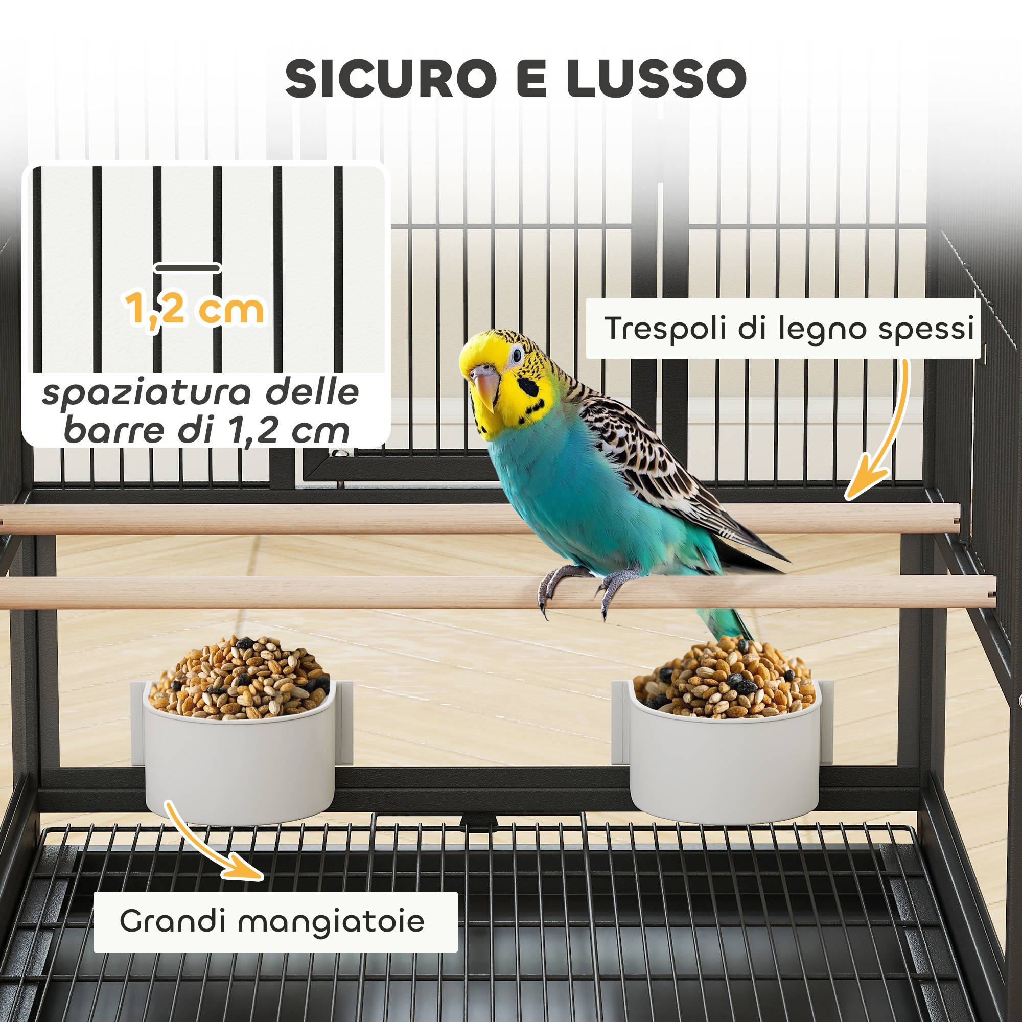 Cage pour oiseaux avec étagère inférieure, bac et grille amovibles, en acier et PP, 48x46x83 cm, noir - Image 7