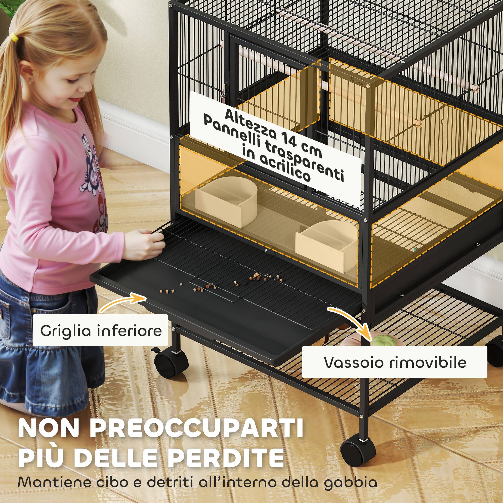 Cage pour oiseaux avec étagère inférieure, bac et grille amovibles, en acier et PP, 48x46x83 cm, noir - Image 6