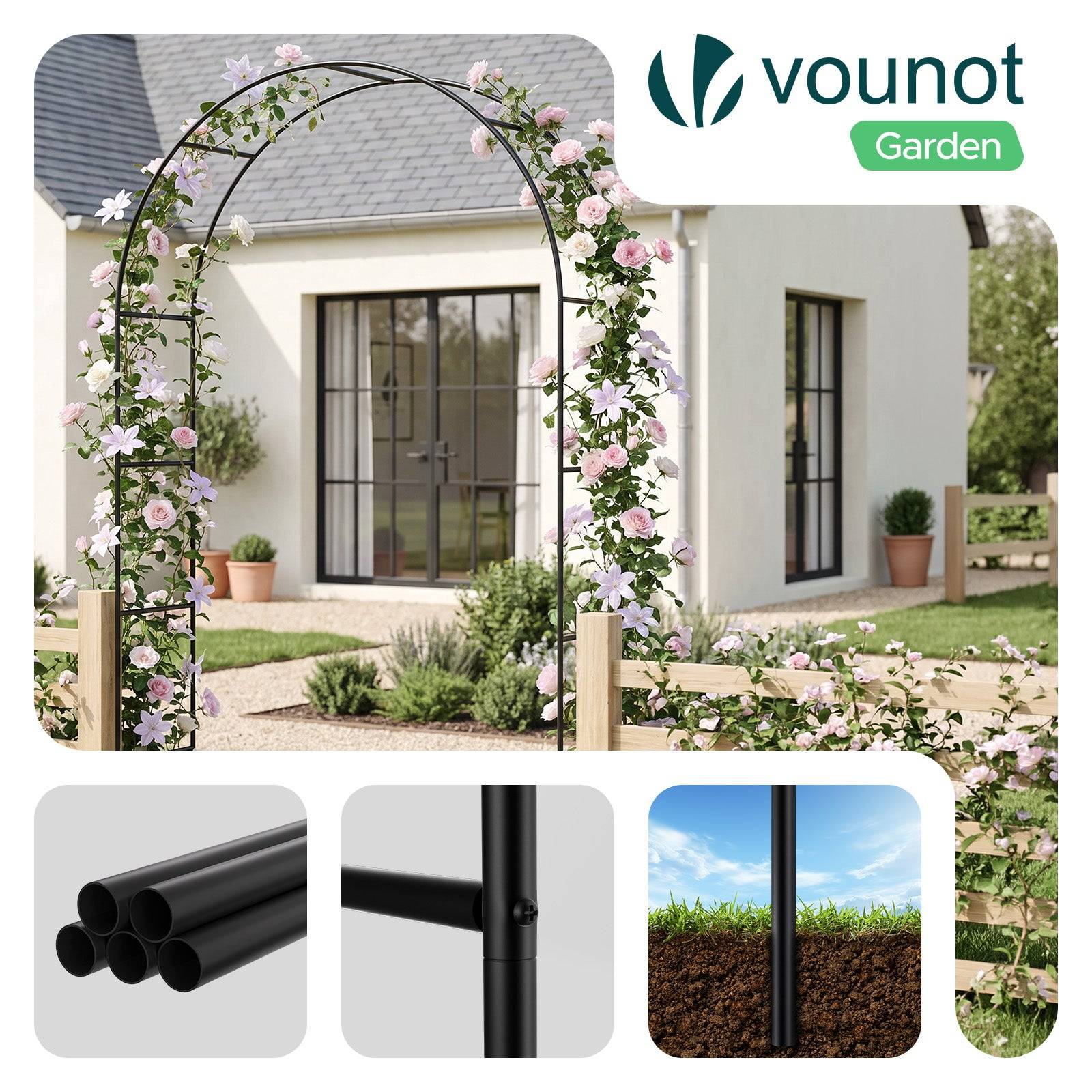 Vounot - Arche de jardin en métal noir 140x37x240 cm - Support pour plantes grimpantes et rosiers - Structure modulable - VOUNOT® - Image 6