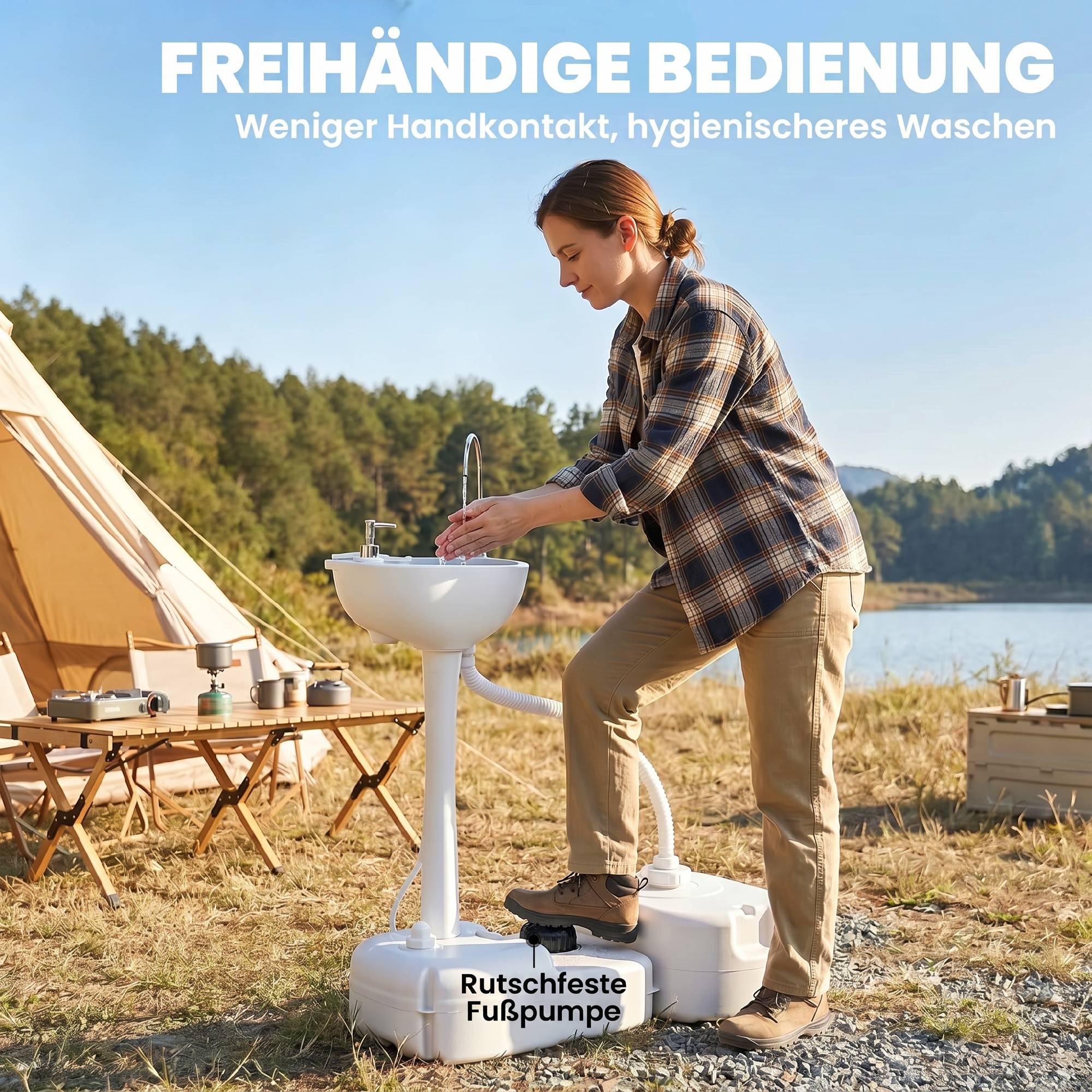 Sans Marque - Lavabo camping avec bac récupération, distributeur savon, 17L, mobile, gris clair - Image 7