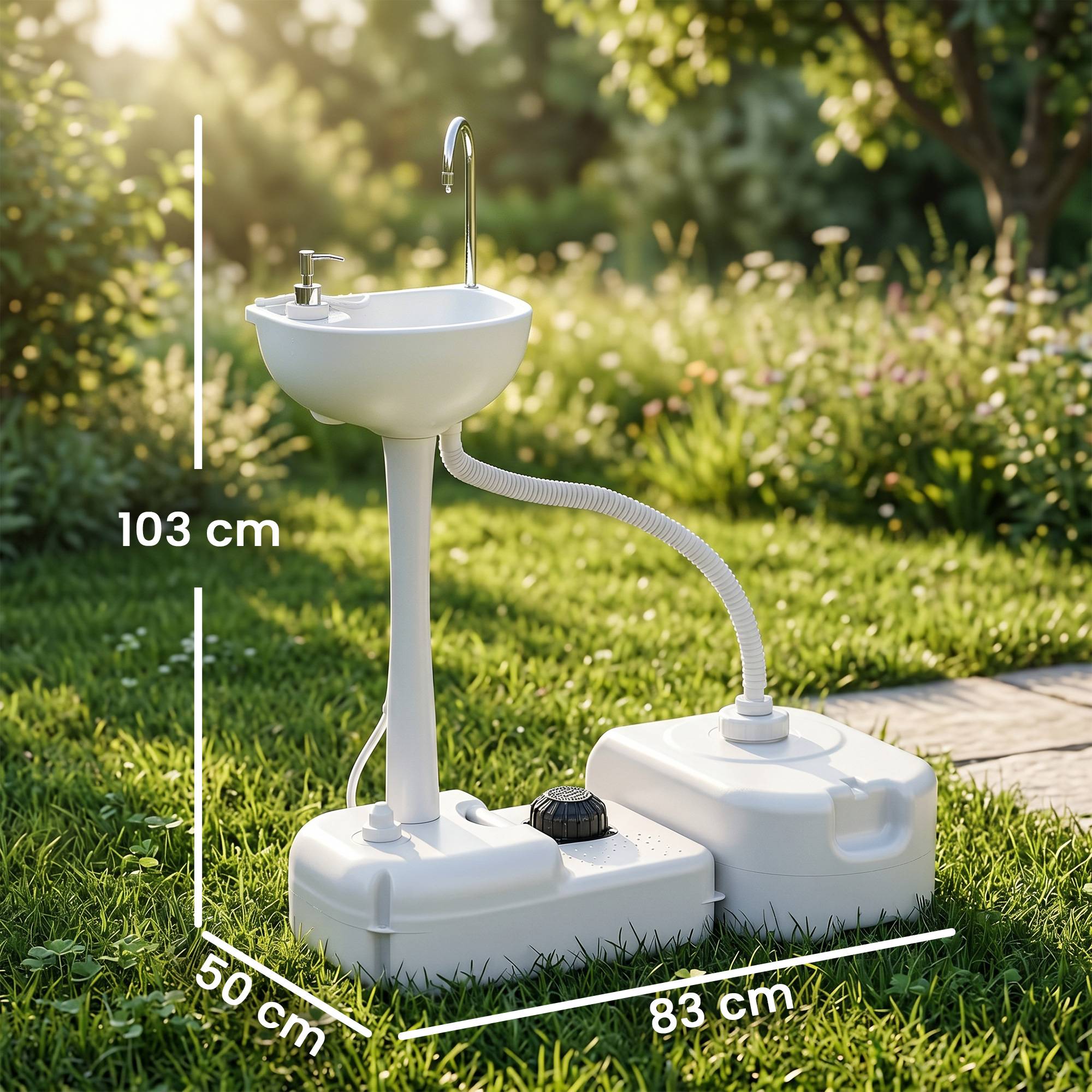 Sans Marque - Lavabo camping avec bac récupération, distributeur savon, 17L, mobile, gris clair - Image 5