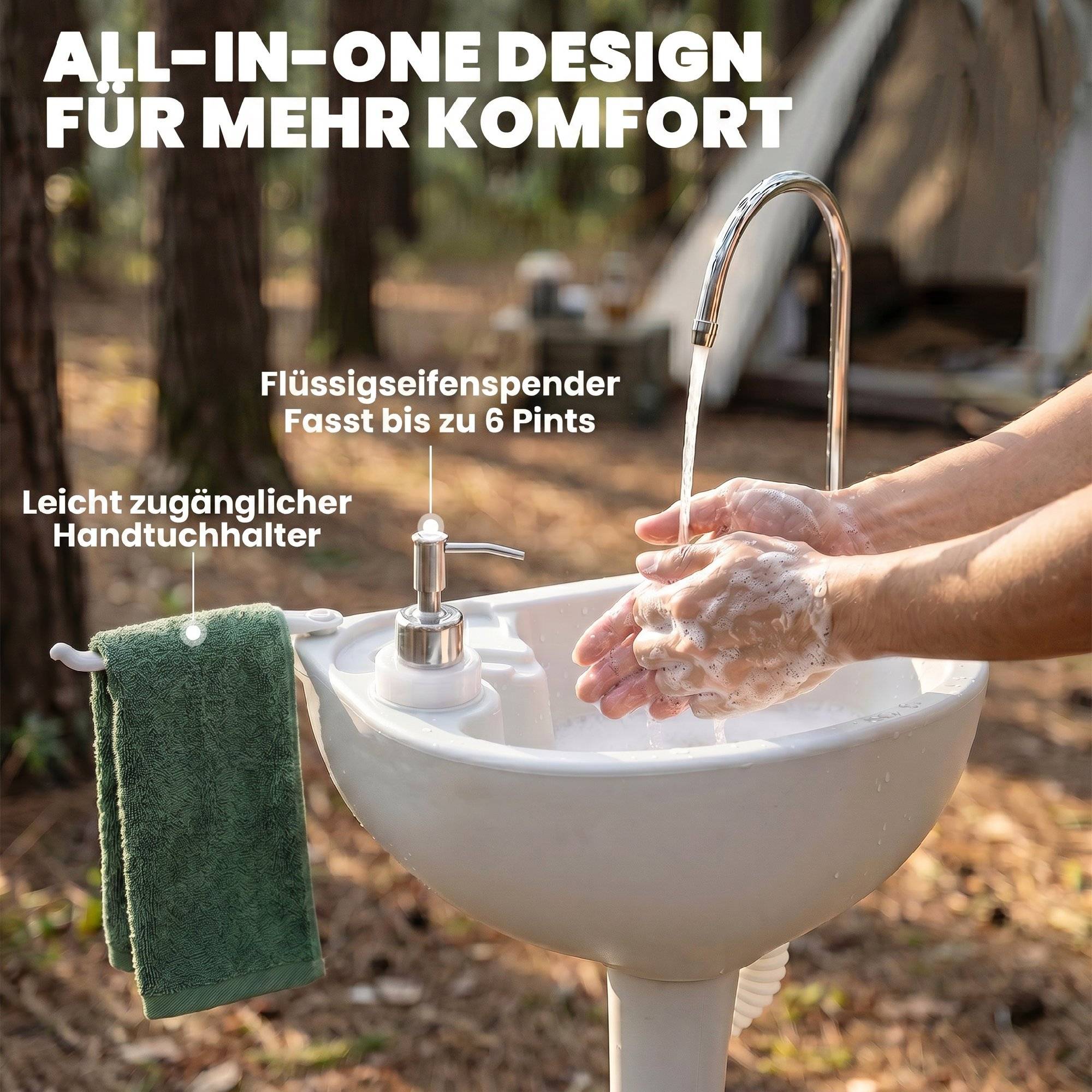 Sans Marque - Lavabo camping avec bac récupération, distributeur savon, 17L, mobile, gris clair - Image 8