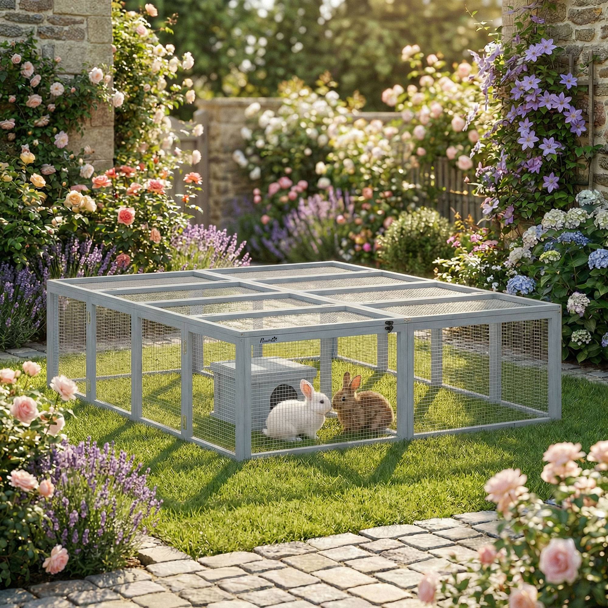 Enclos lapins bois, 2 portes, abri pour 2-4 lapins nains, 180,4 x 150 x 48 cm, gris - Image 4
