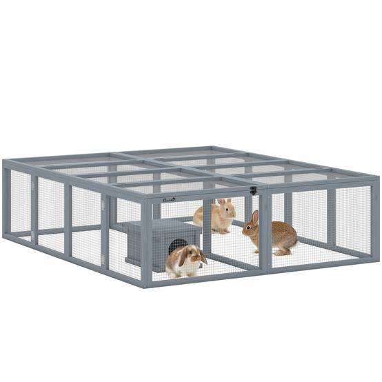 Enclos lapins bois, 2 portes, abri pour 2-4 lapins nains, 180,4 x 150 x 48 cm, gris - Image 1