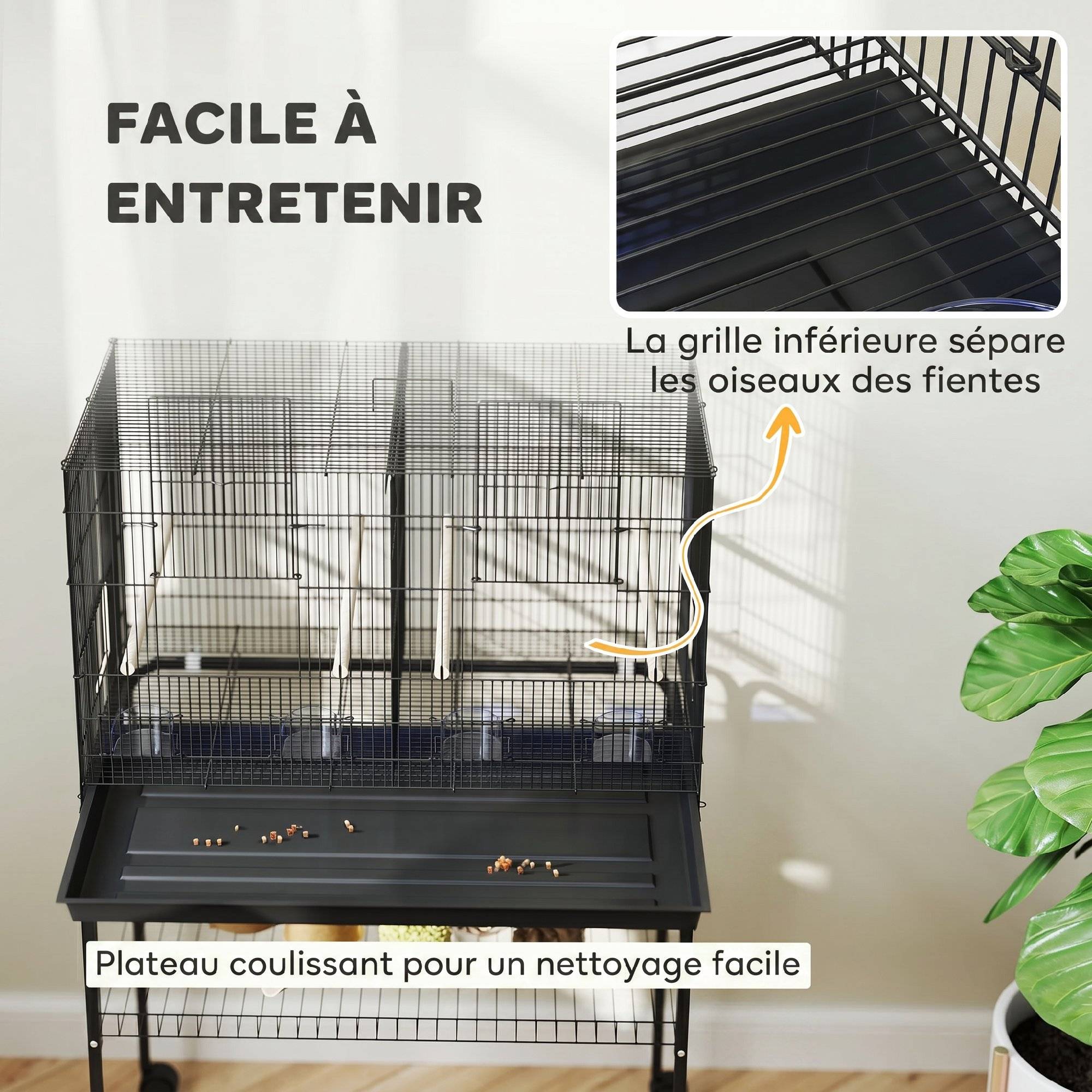 ComfortXL - Volière d'intérieur pour oiseaux en acier noir 76 x 46 x 116 cm avec séparateur amovible et roulettes - Image 7