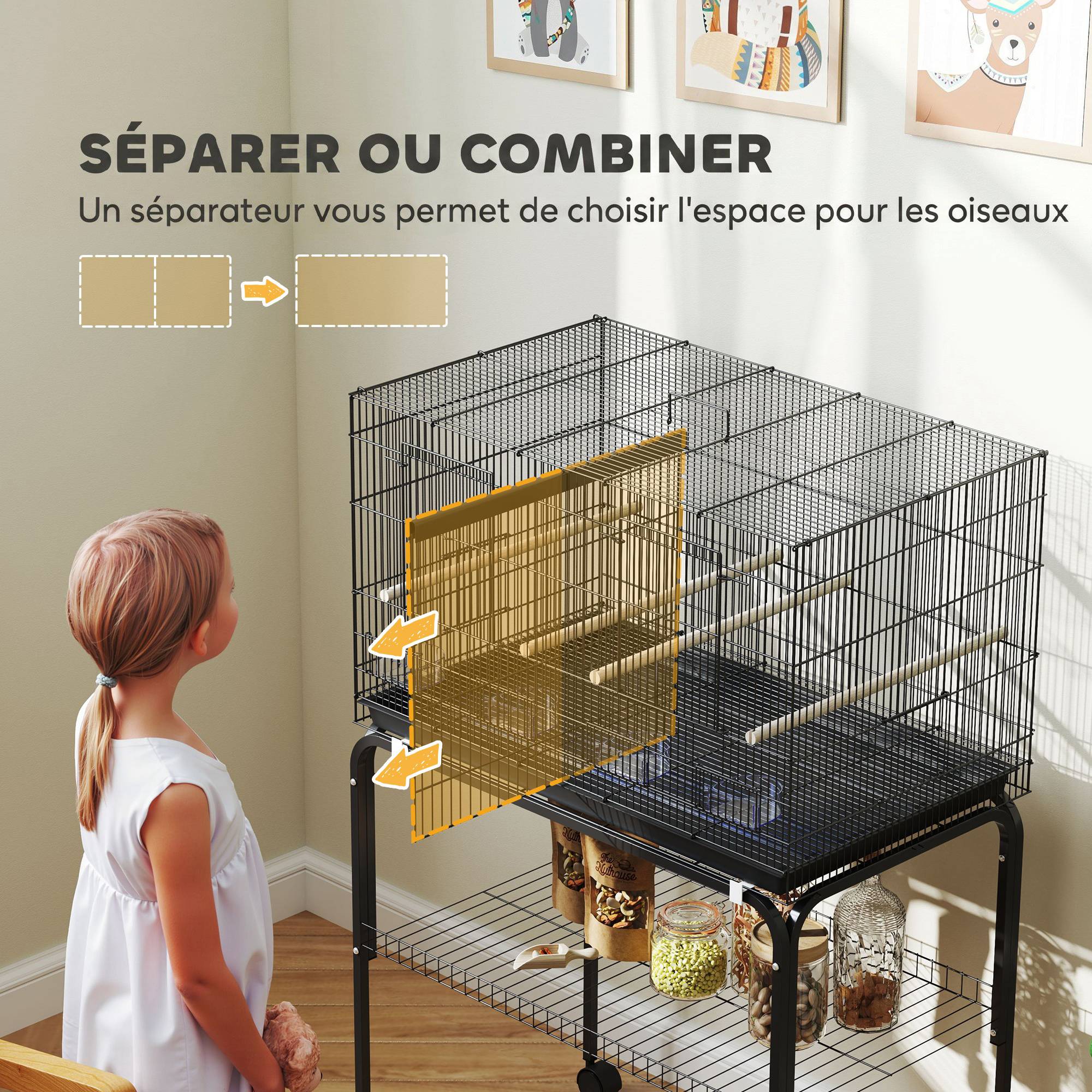 ComfortXL - Volière d'intérieur pour oiseaux en acier noir 76 x 46 x 116 cm avec séparateur amovible et roulettes - Image 4