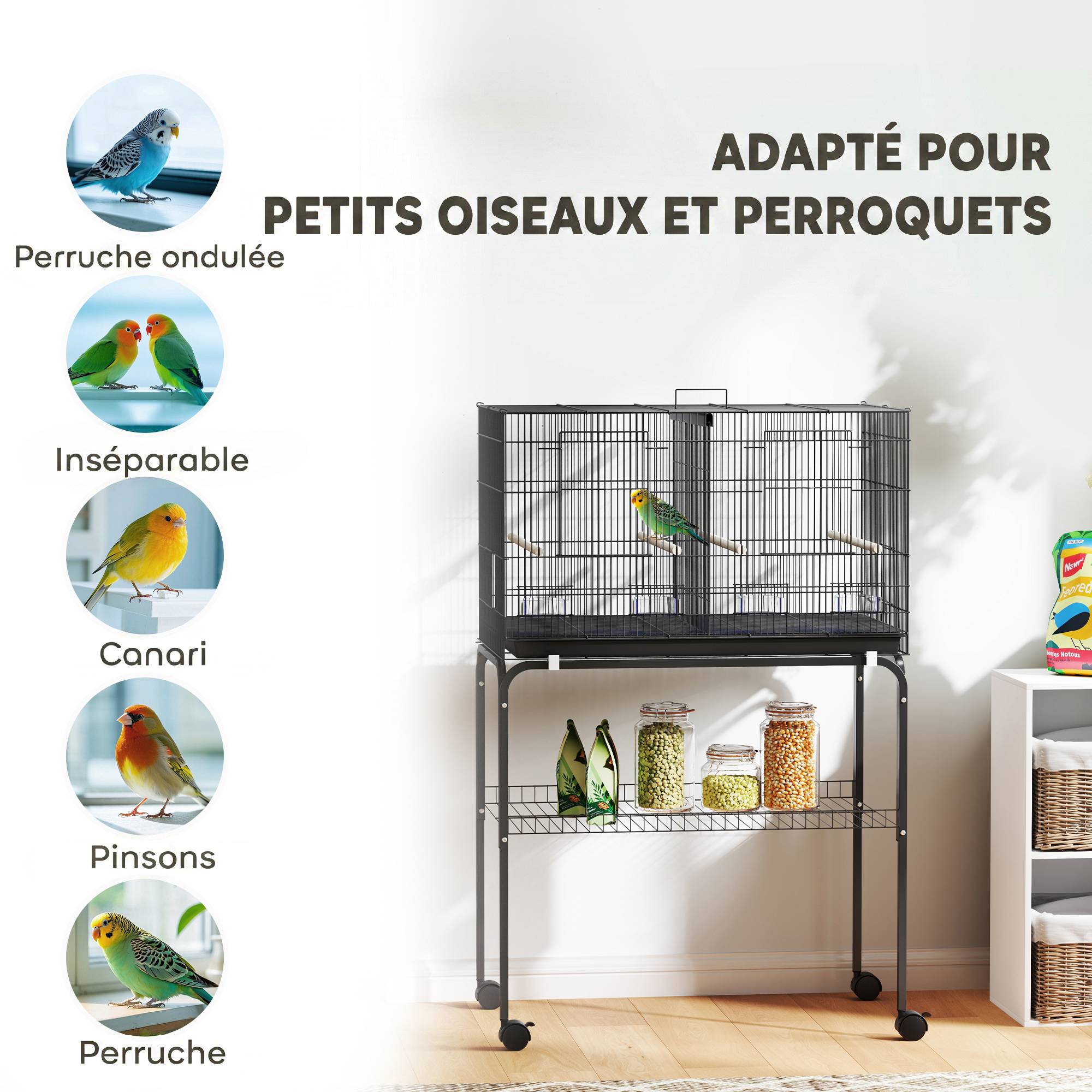 ComfortXL - Volière d'intérieur pour oiseaux en acier noir 76 x 46 x 116 cm avec séparateur amovible et roulettes - Image 9