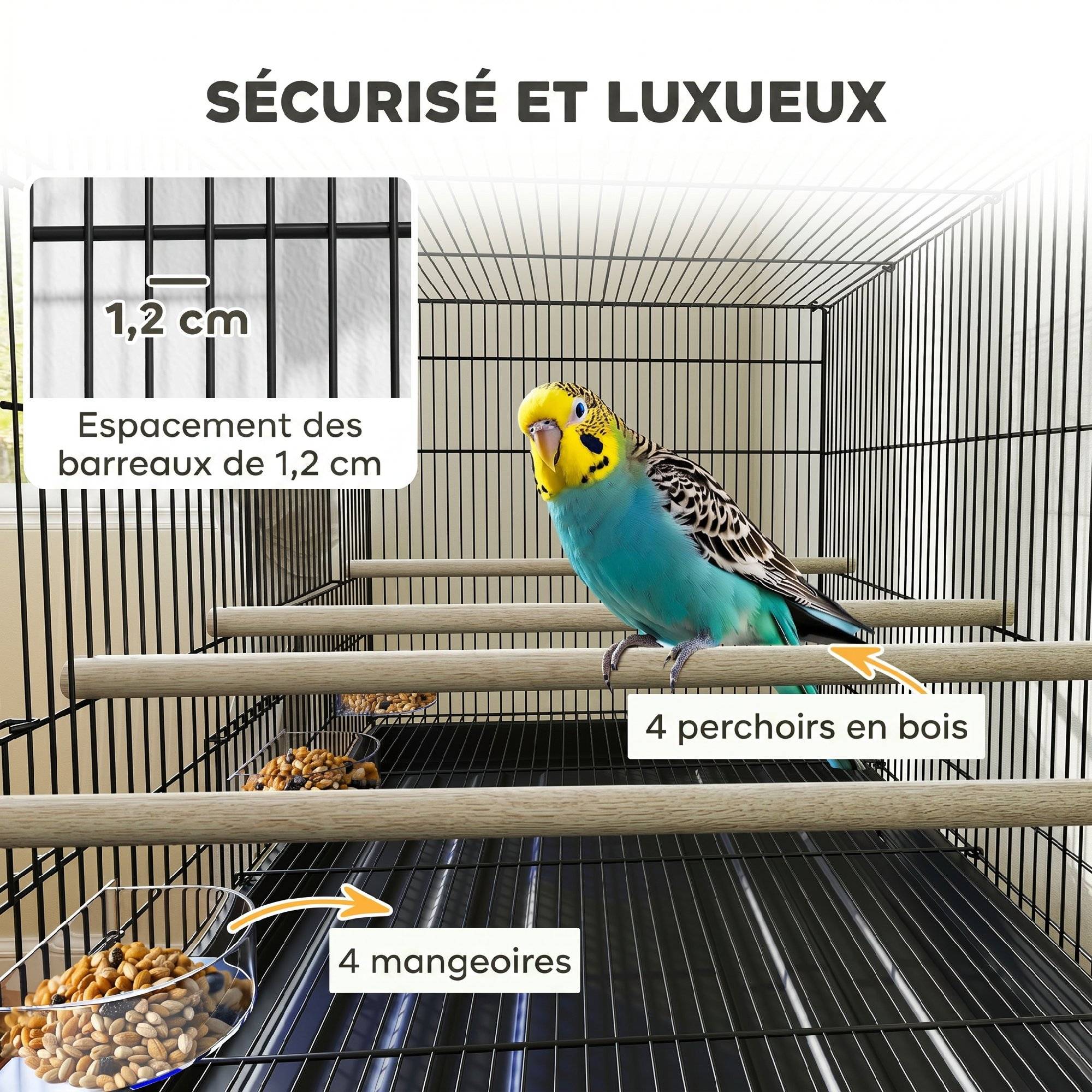 ComfortXL - Volière d'intérieur pour oiseaux en acier noir 76 x 46 x 116 cm avec séparateur amovible et roulettes - Image 5