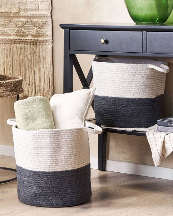 Paniers Noir et Blanc en Coton Rond 33/35 cm Corbeille à Linge Tressée Rangement pour Intérieur Minimaliste Boîte Lot de 2 - Image 2