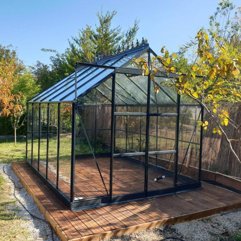 Serre de jardin 7,42 m² en aluminium et verre trempé 4mm anthracite avec embase Green Protect Prima - Image 1