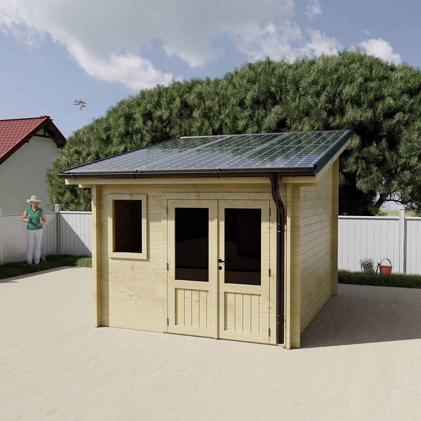 Habrita - Abri de jardin bois massif monopente 9,77 m² - madriers 42 mm - kit photovoltaïque