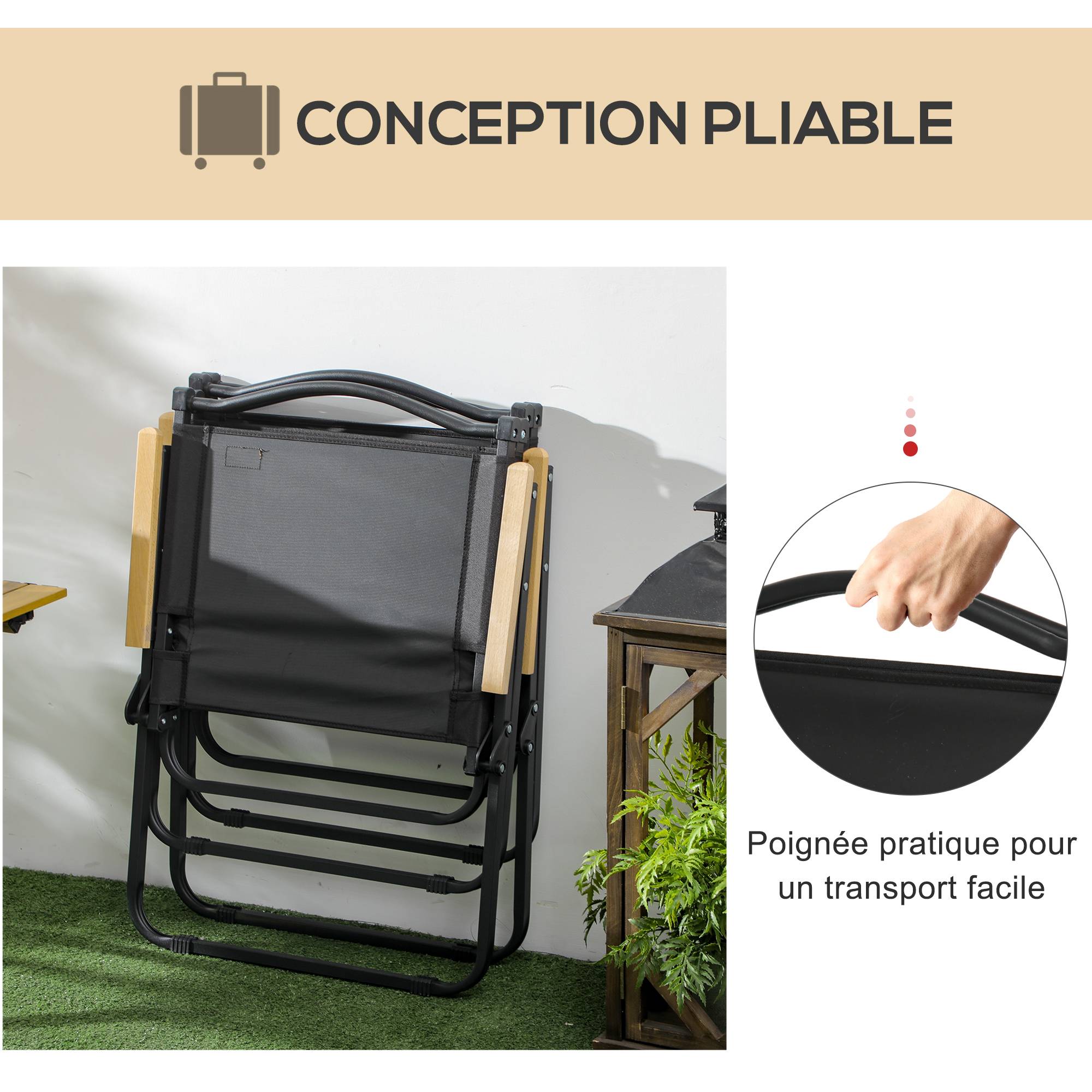 Chaise de camping pliante acier et tissu Oxford noir 54 x 59 x 78 cm - PANGIVO - Image 7