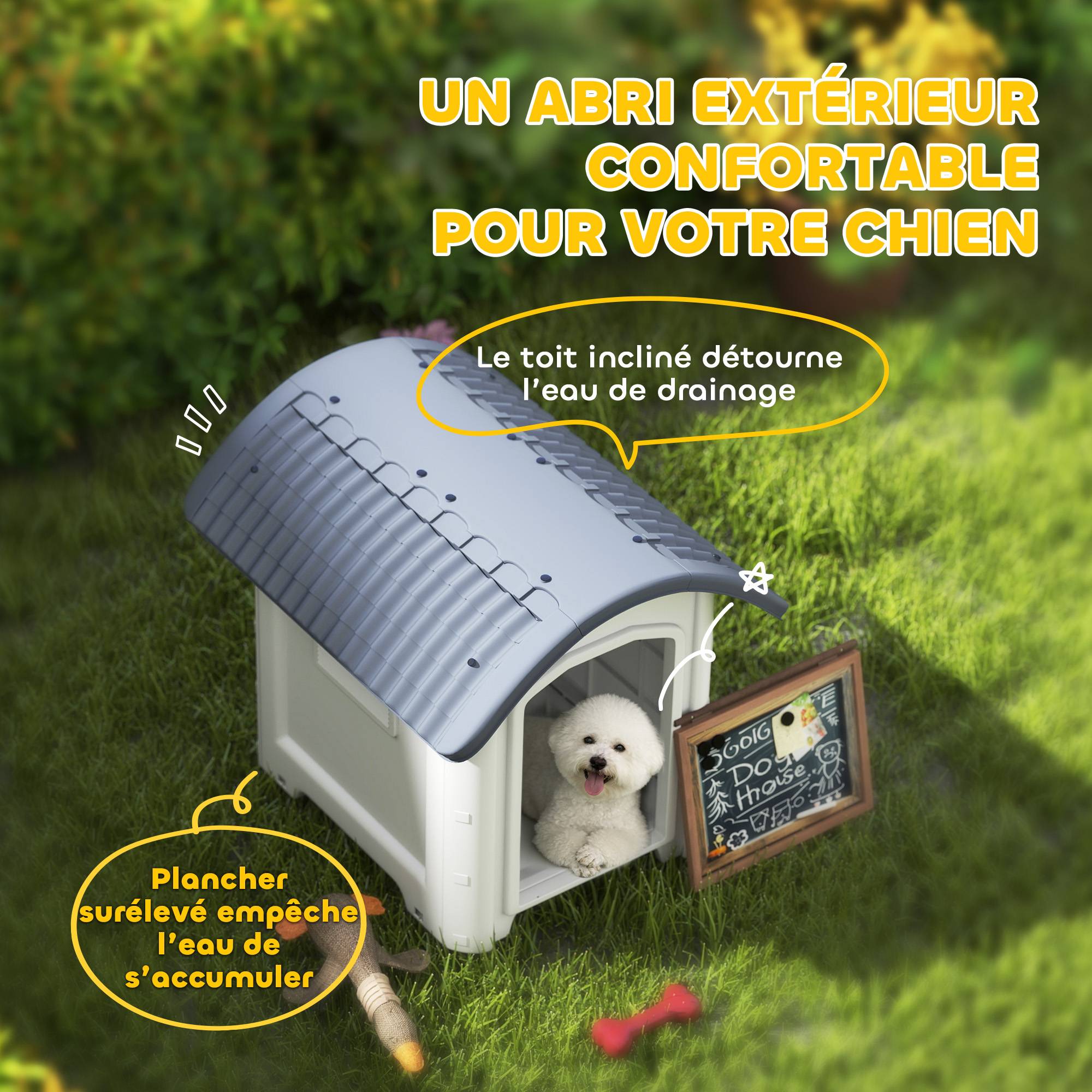 Sans Marque - Niche pour Chien Extérieur, Maison pour Chien en Plastique avec Sol Surélevé et Amovible, Toit Imperméable, Gris - Image 6
