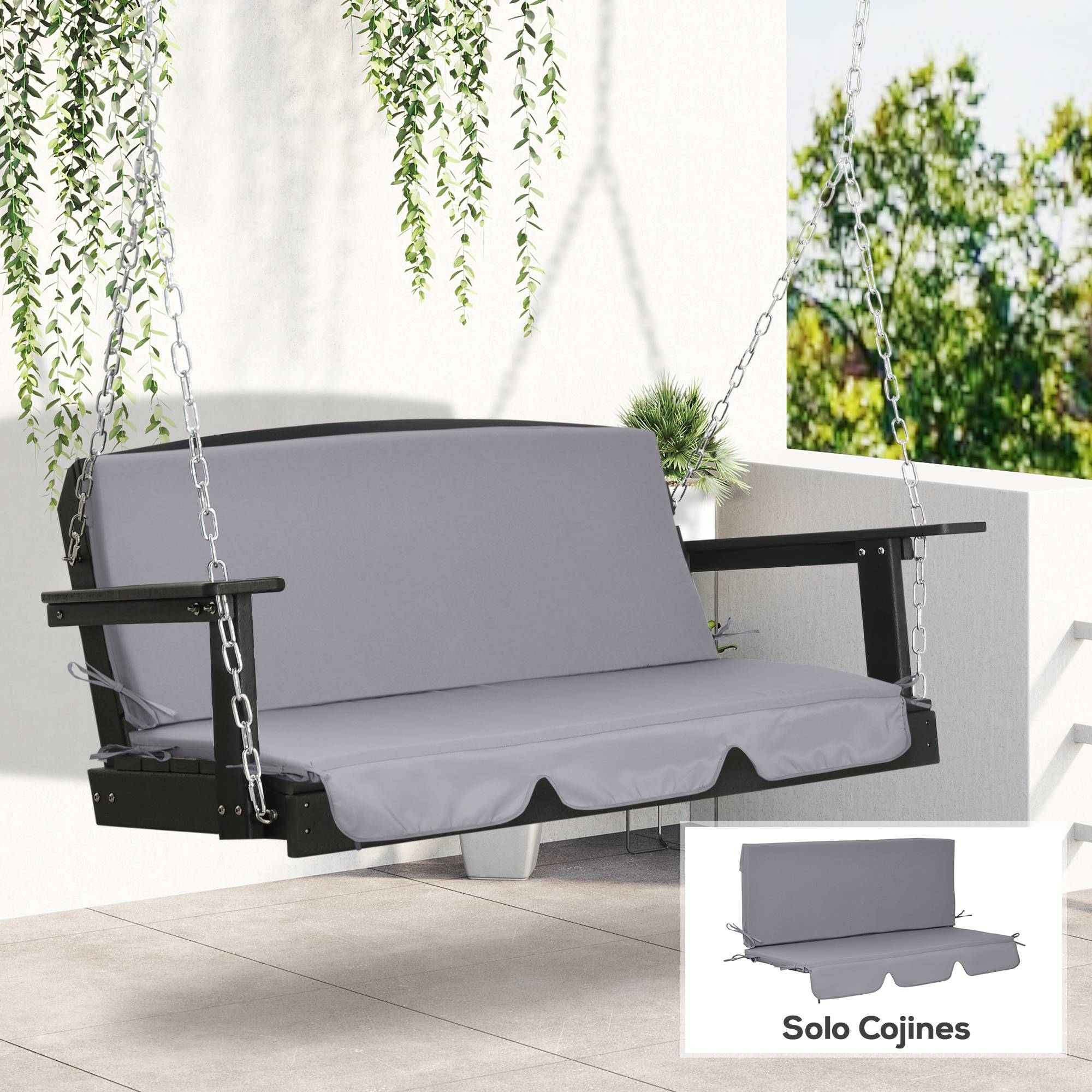 Ensemble de 2 coussins pour fauteuil à bascule (assise et dossier) pour jardin, terrasse et extérieur – 130 x 45 x 5 cm – Gris - Image 3