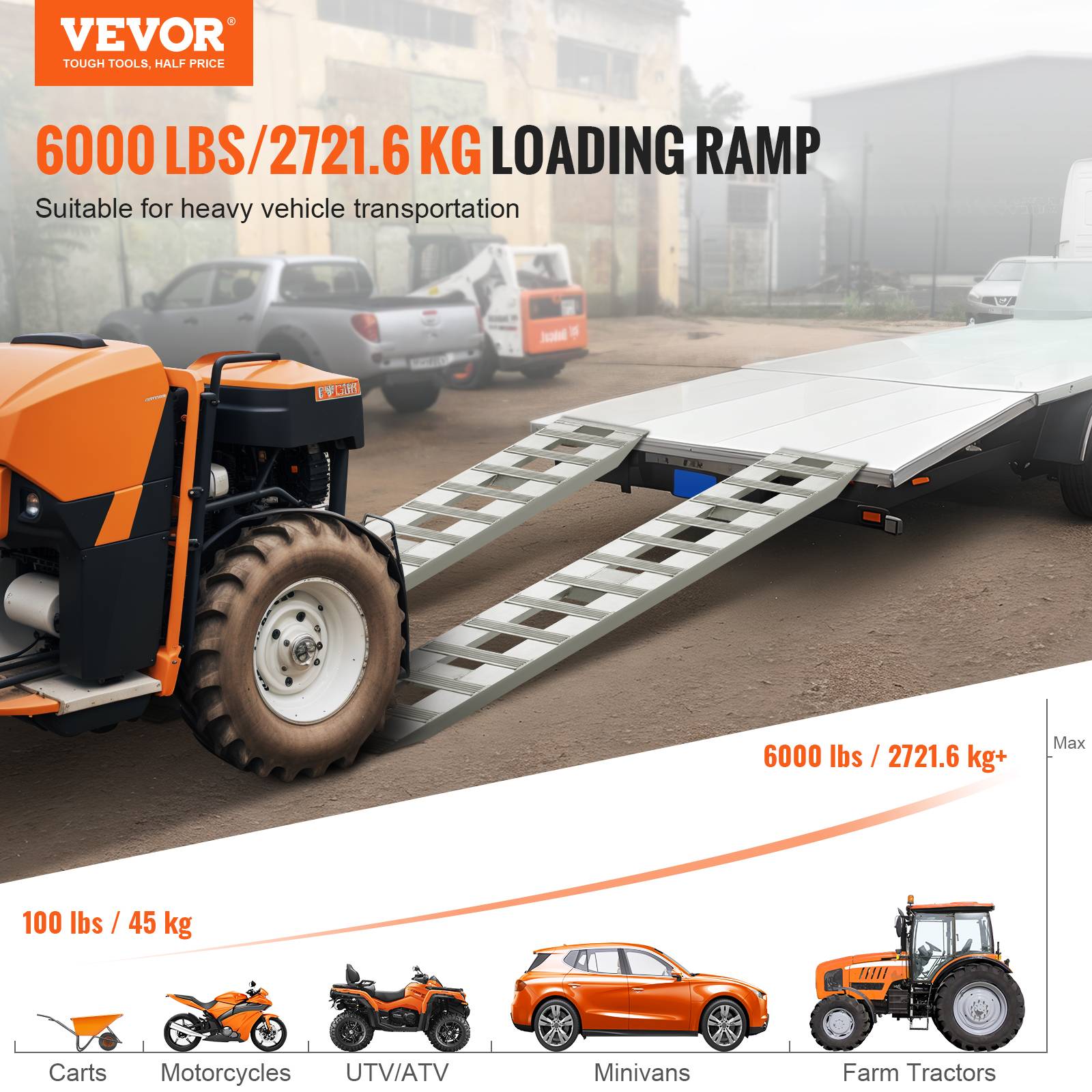 VEVOR Rampes aluminium 183x38cm (2pcs), capacité 6000 lb, pour moto, VTT, tracteur, tondeuse. - Image 2