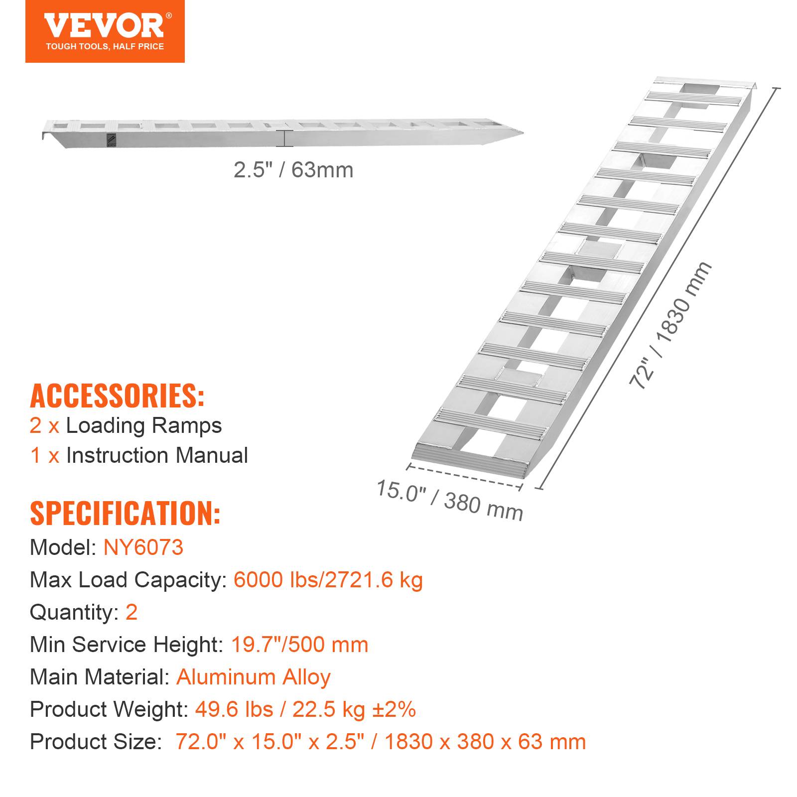 VEVOR Rampes aluminium 183x38cm (2pcs), capacité 6000 lb, pour moto, VTT, tracteur, tondeuse. - Image 7