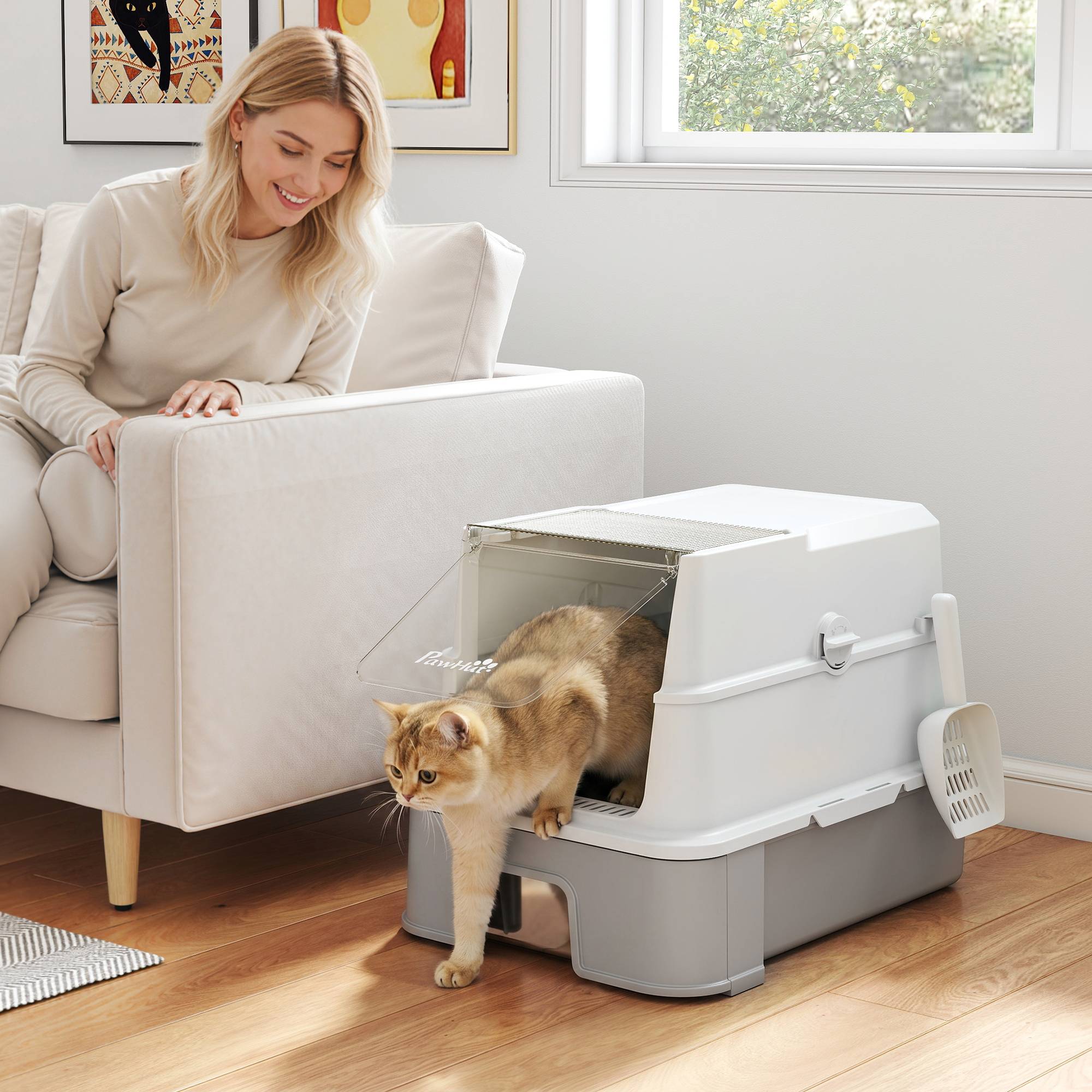 Litière fermée 3 en 1 68L avec couvercle et bac amovible acier inox, pelle, gris - Image 3