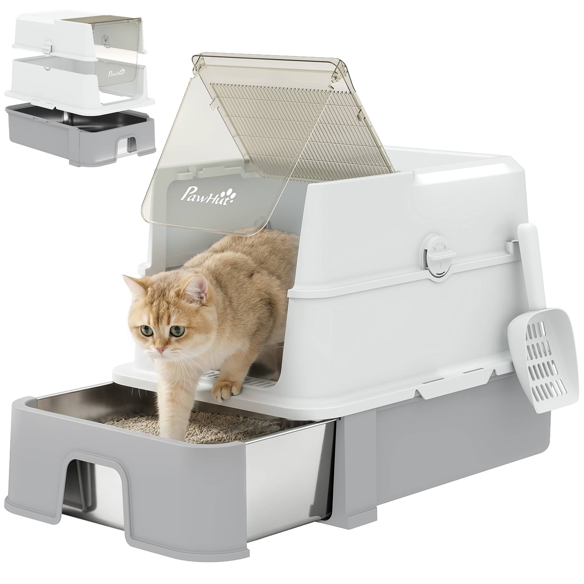Litière fermée 3 en 1 68L avec couvercle et bac amovible acier inox, pelle, gris - Image 1