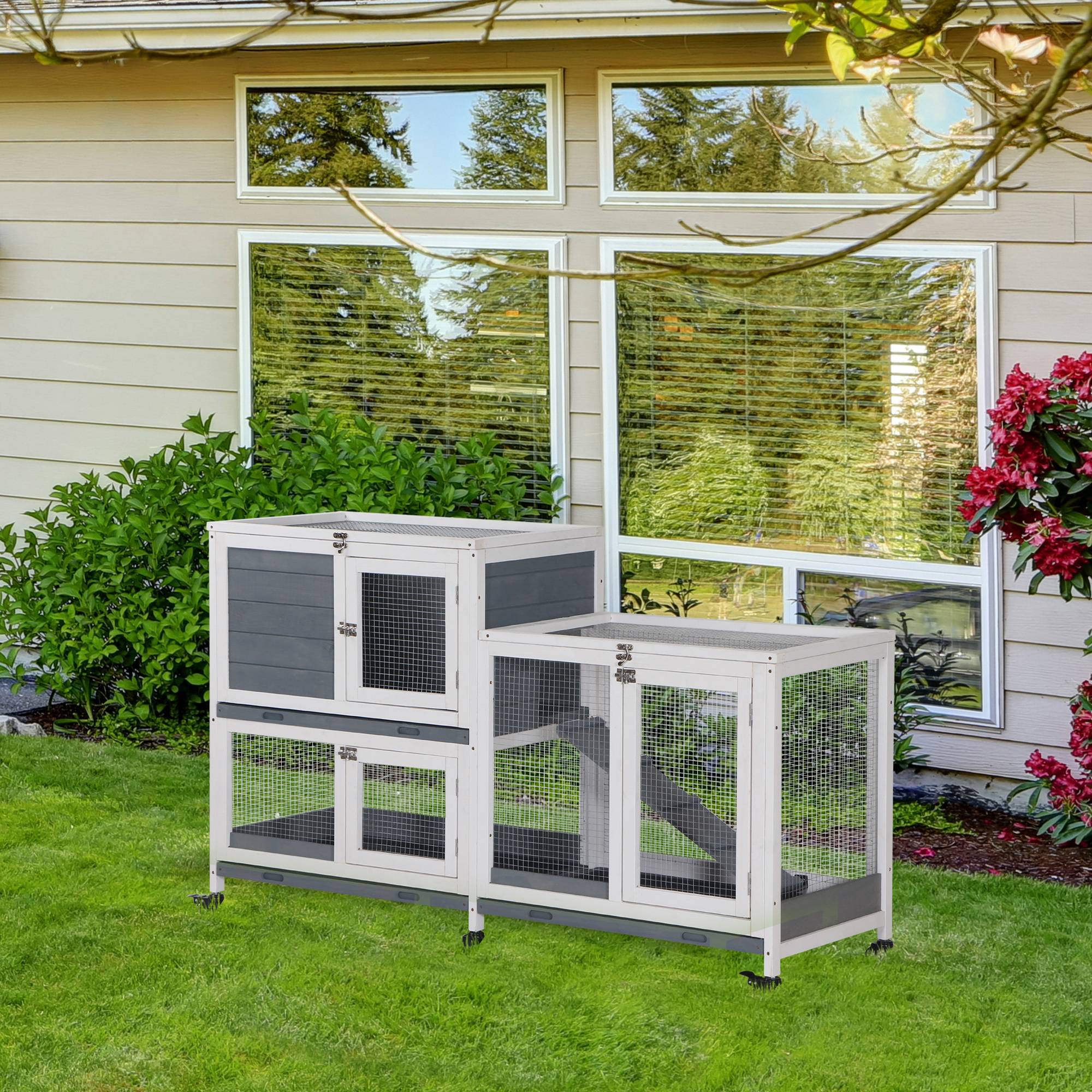 Clapier Mobile à Roulettes en Bois 2 Niveaux pour 2 Lapins avec 3 Tiroirs Amovibles 147 cm Gris - ComfortXL Outdoor Living - Image 4