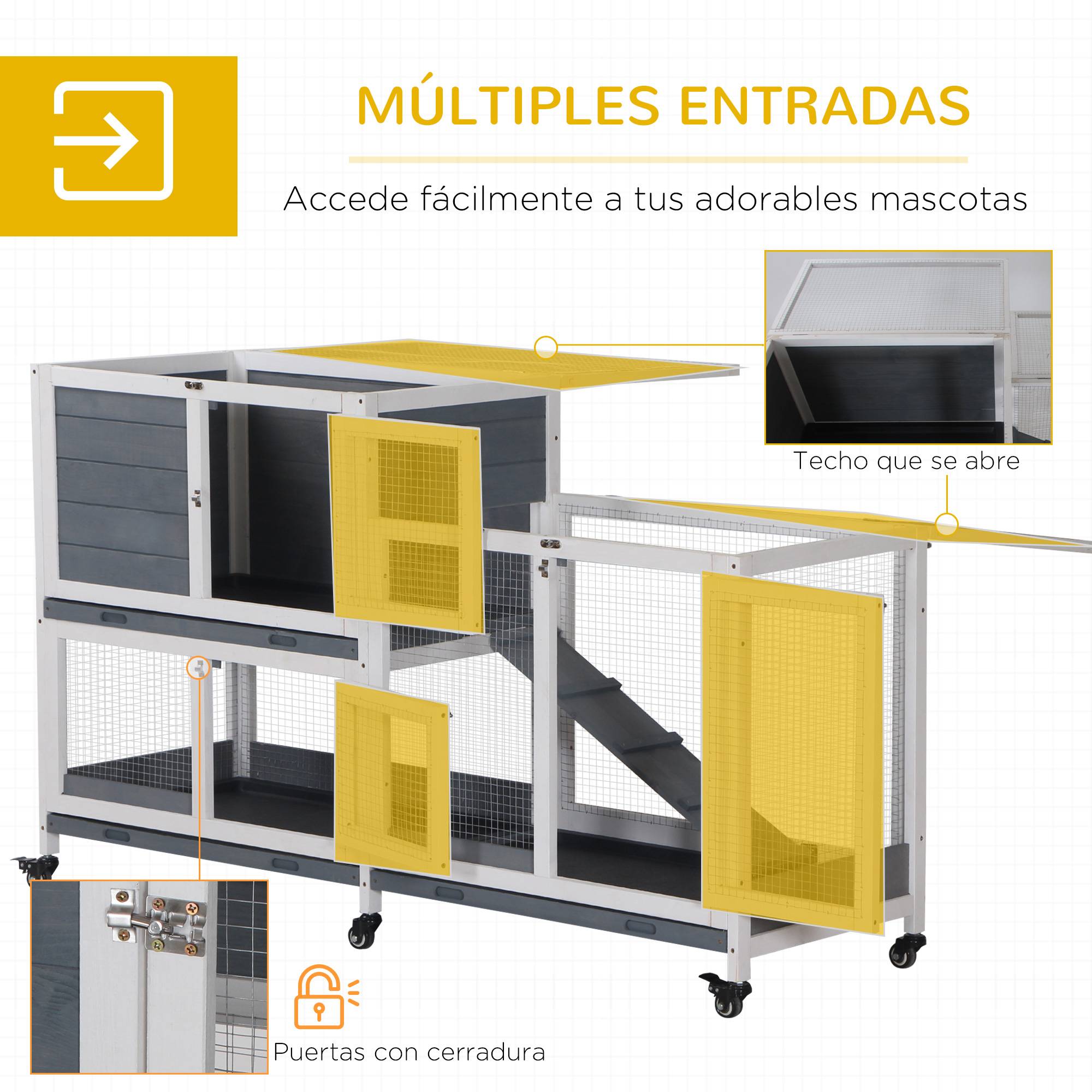 Clapier Mobile à Roulettes en Bois 2 Niveaux pour 2 Lapins avec 3 Tiroirs Amovibles 147 cm Gris - ComfortXL Outdoor Living - Image 7
