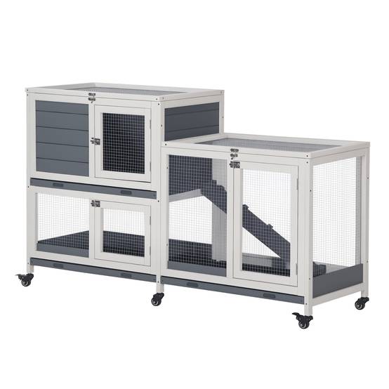 Clapier Mobile à Roulettes en Bois 2 Niveaux pour 2 Lapins avec 3 Tiroirs Amovibles 147 cm Gris - ComfortXL Outdoor Living - Image 1