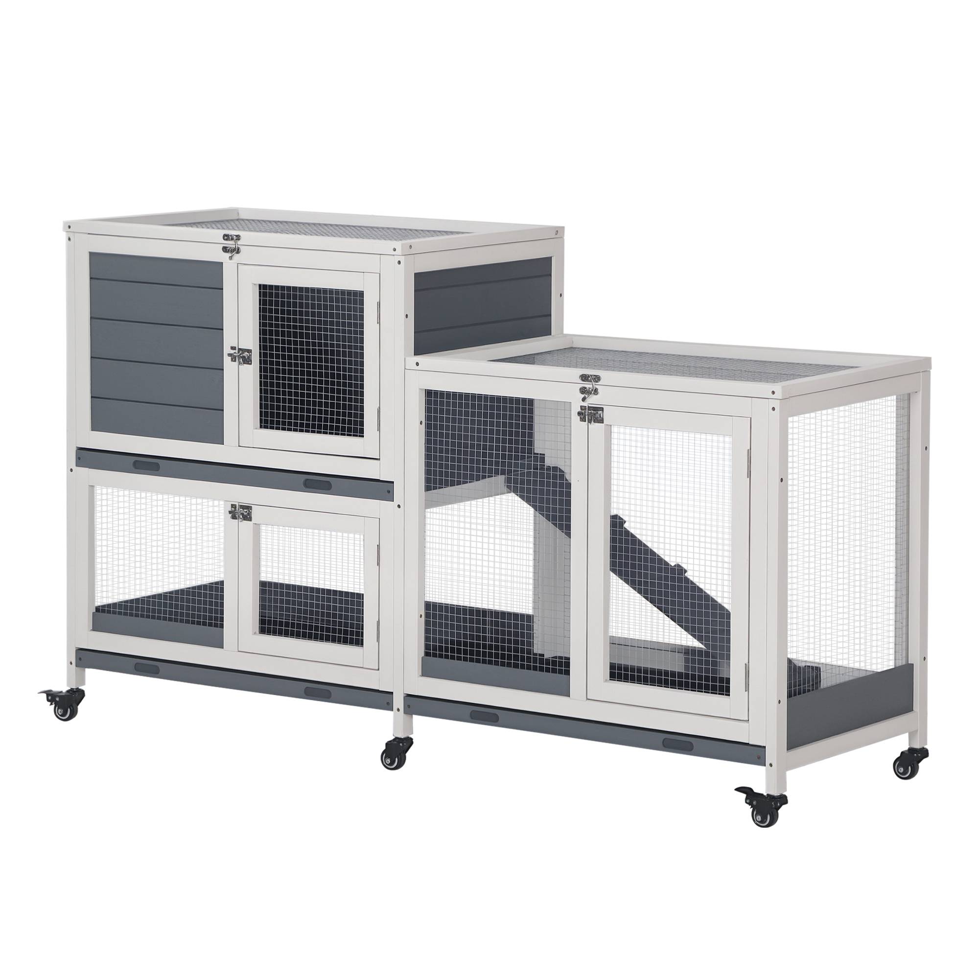 Clapier Mobile à Roulettes en Bois 2 Niveaux pour 2 Lapins avec 3 Tiroirs Amovibles 147 cm Gris - ComfortXL Outdoor Living - Image 1