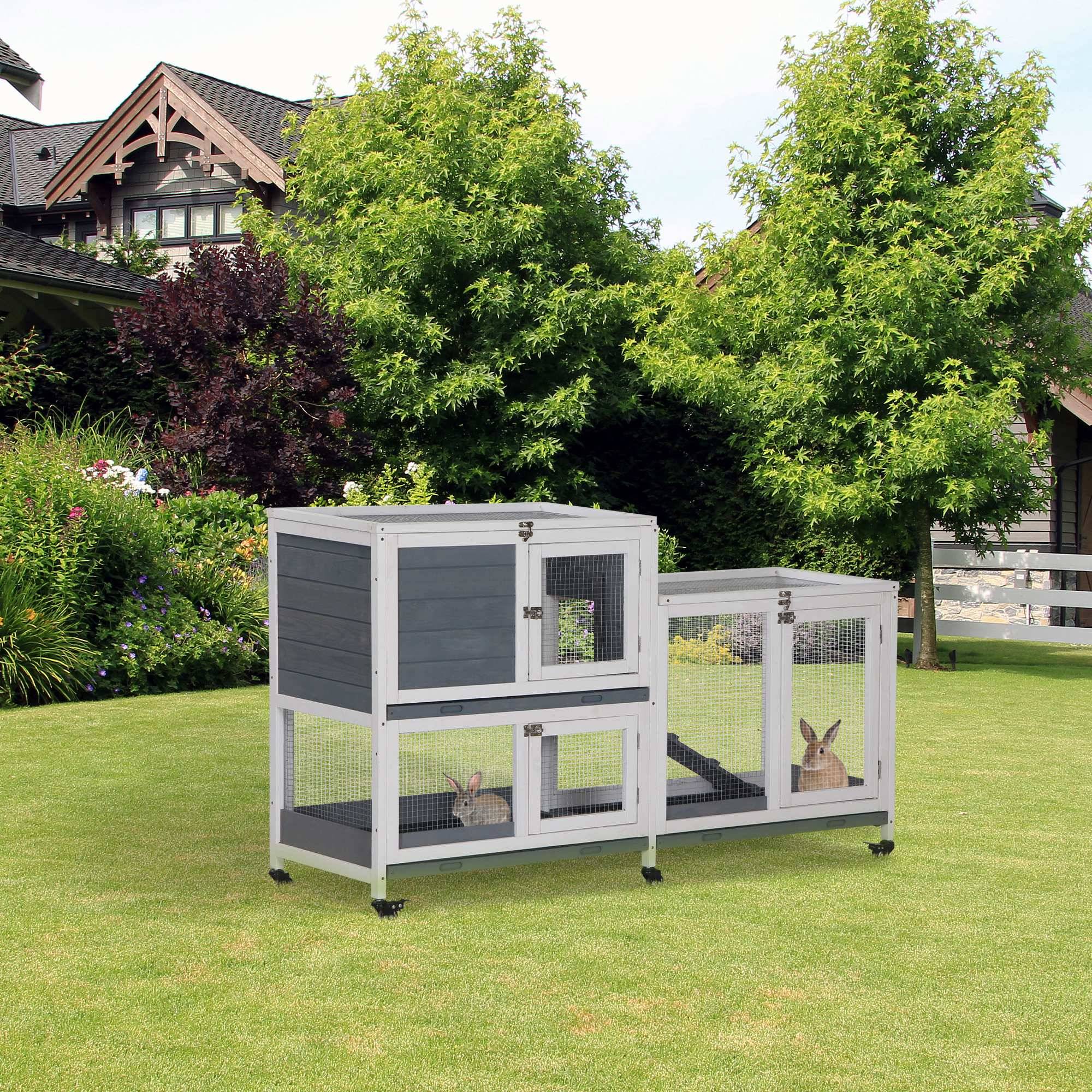 Clapier Mobile à Roulettes en Bois 2 Niveaux pour 2 Lapins avec 3 Tiroirs Amovibles 147 cm Gris - ComfortXL Outdoor Living - Image 3