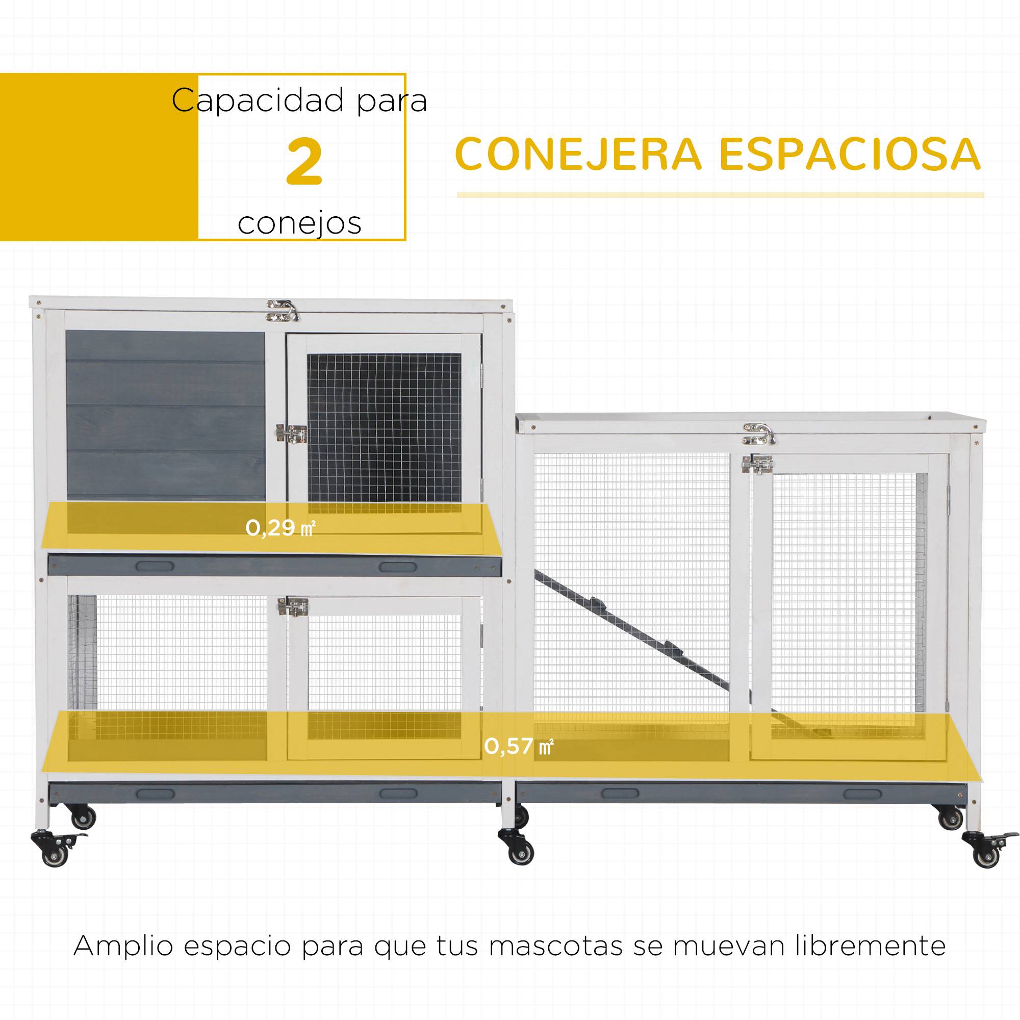 Clapier Mobile à Roulettes en Bois 2 Niveaux pour 2 Lapins avec 3 Tiroirs Amovibles 147 cm Gris - ComfortXL Outdoor Living - Image 6
