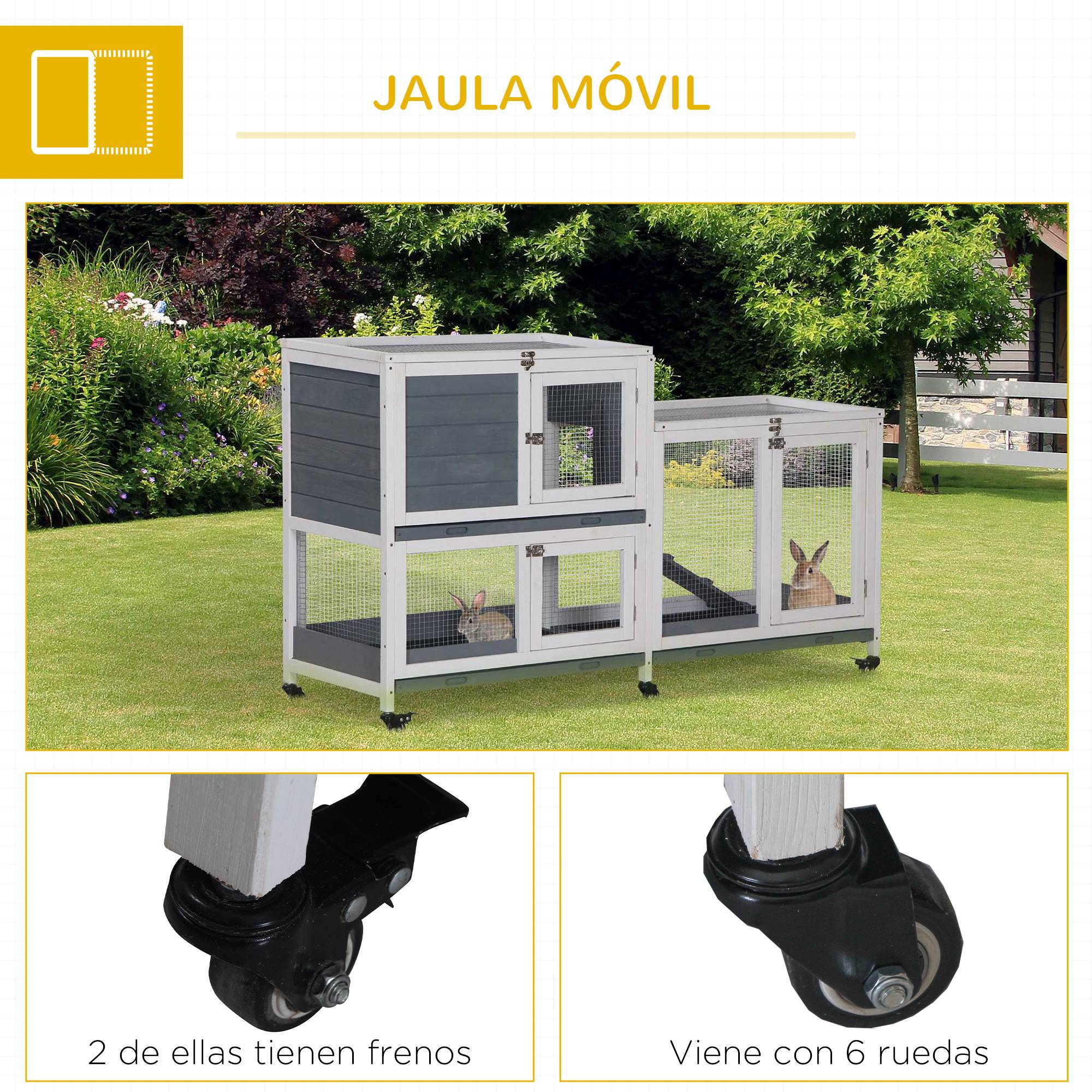 Clapier Mobile à Roulettes en Bois 2 Niveaux pour 2 Lapins avec 3 Tiroirs Amovibles 147 cm Gris - ComfortXL Outdoor Living - Image 9