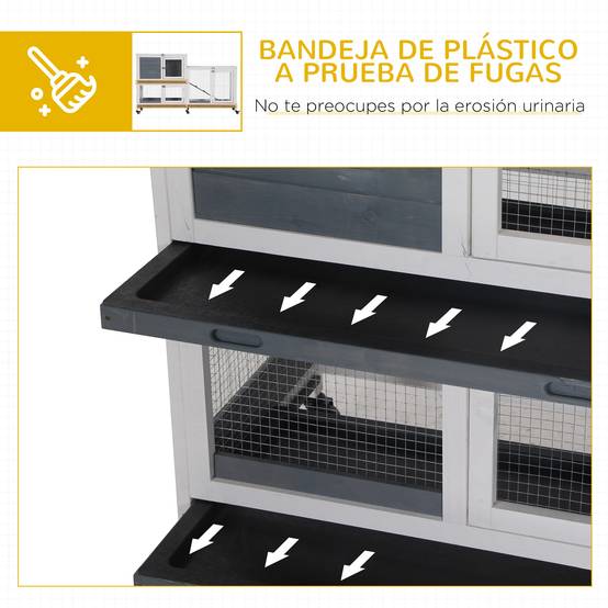 Clapier Mobile à Roulettes en Bois 2 Niveaux pour 2 Lapins avec 3 Tiroirs Amovibles 147 cm Gris - ComfortXL Outdoor Living - Image 8