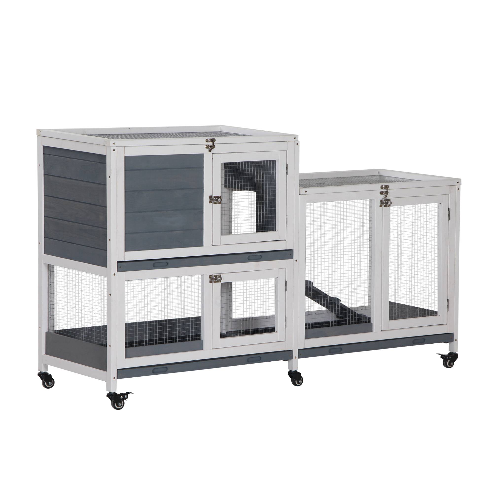 Clapier Mobile à Roulettes en Bois 2 Niveaux pour 2 Lapins avec 3 Tiroirs Amovibles 147 cm Gris - ComfortXL Outdoor Living - Image 2