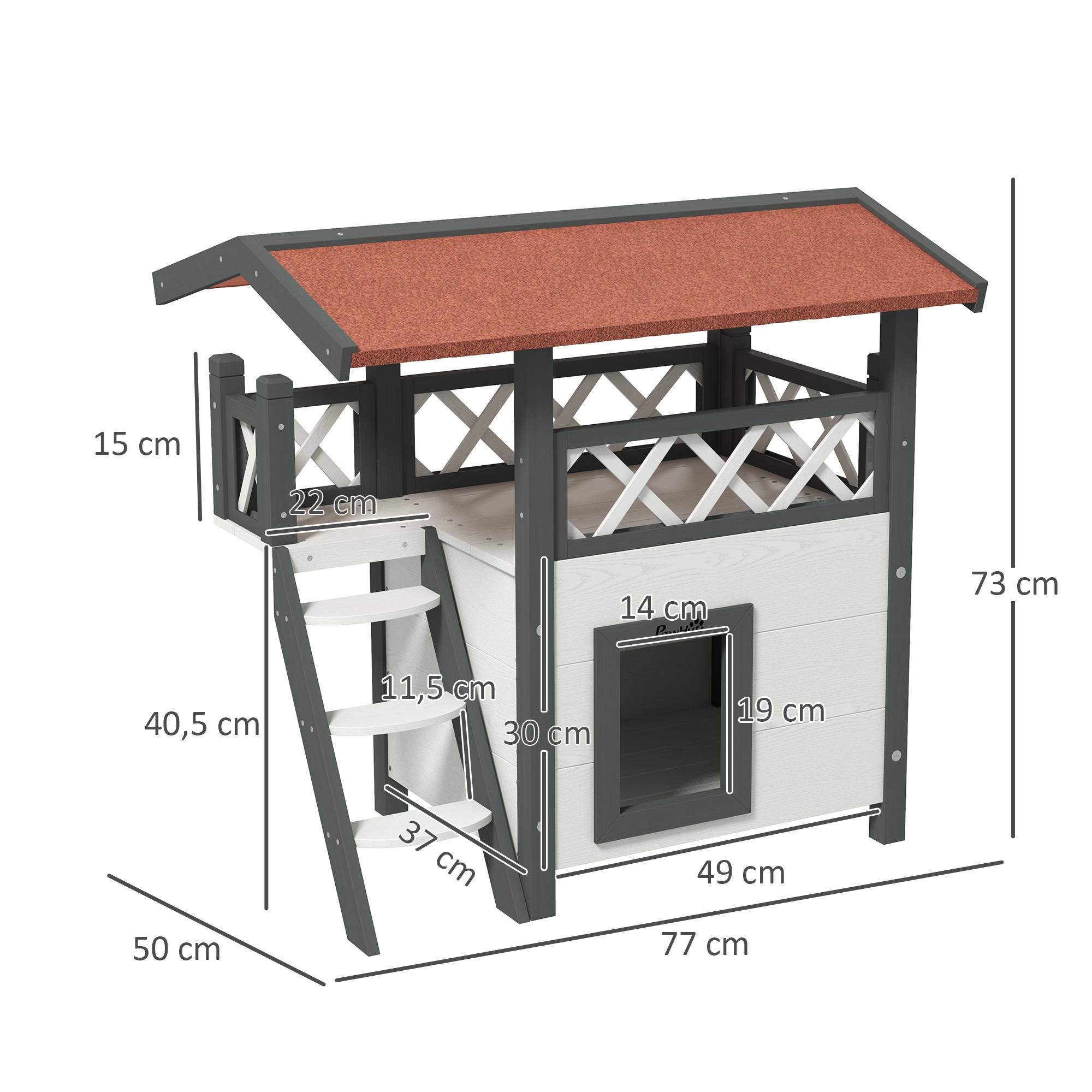 Niche pour chat à 2 niveaux (77 x 50 x 73 cm) avec toit en asphalte, échelle et balcon pour usage extérieur, blanche - Image 5