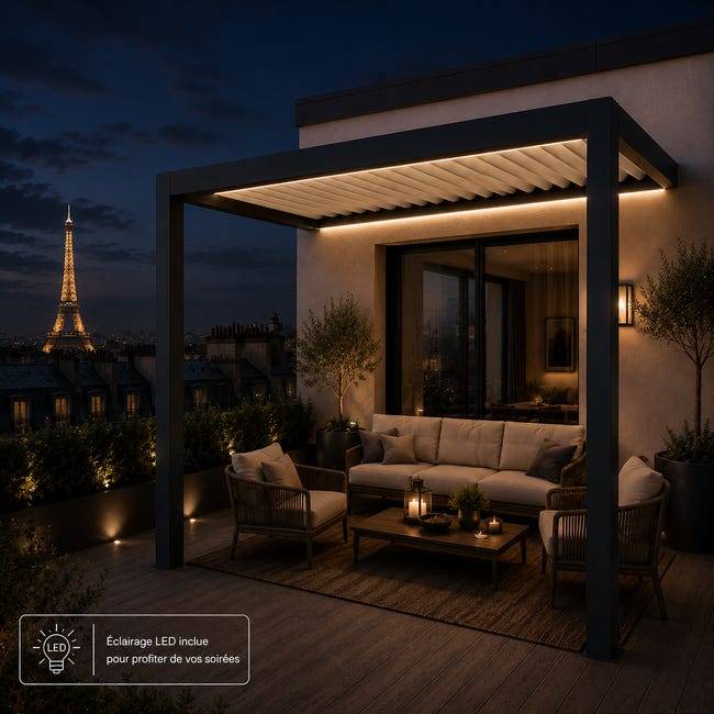 Pergola Bioclimatique Aluminium Adossée Motorisée Éclairée 2x3 Anthracite SV ORIAL France - Image 3