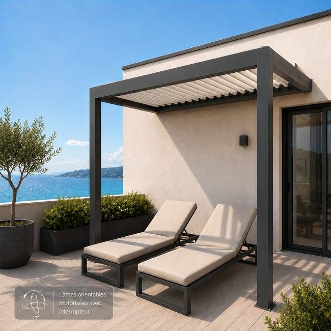 Pergola Bioclimatique Aluminium Adossée Motorisée Éclairée 2x3 Anthracite SV ORIAL France - Image 4