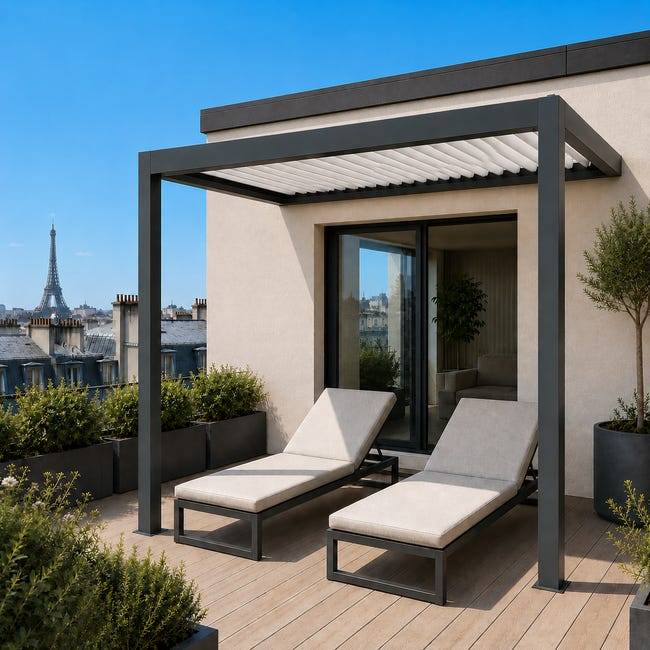 Pergola Bioclimatique Aluminium Adossée Motorisée Éclairée 2x3 Anthracite SV ORIAL France - Image 1