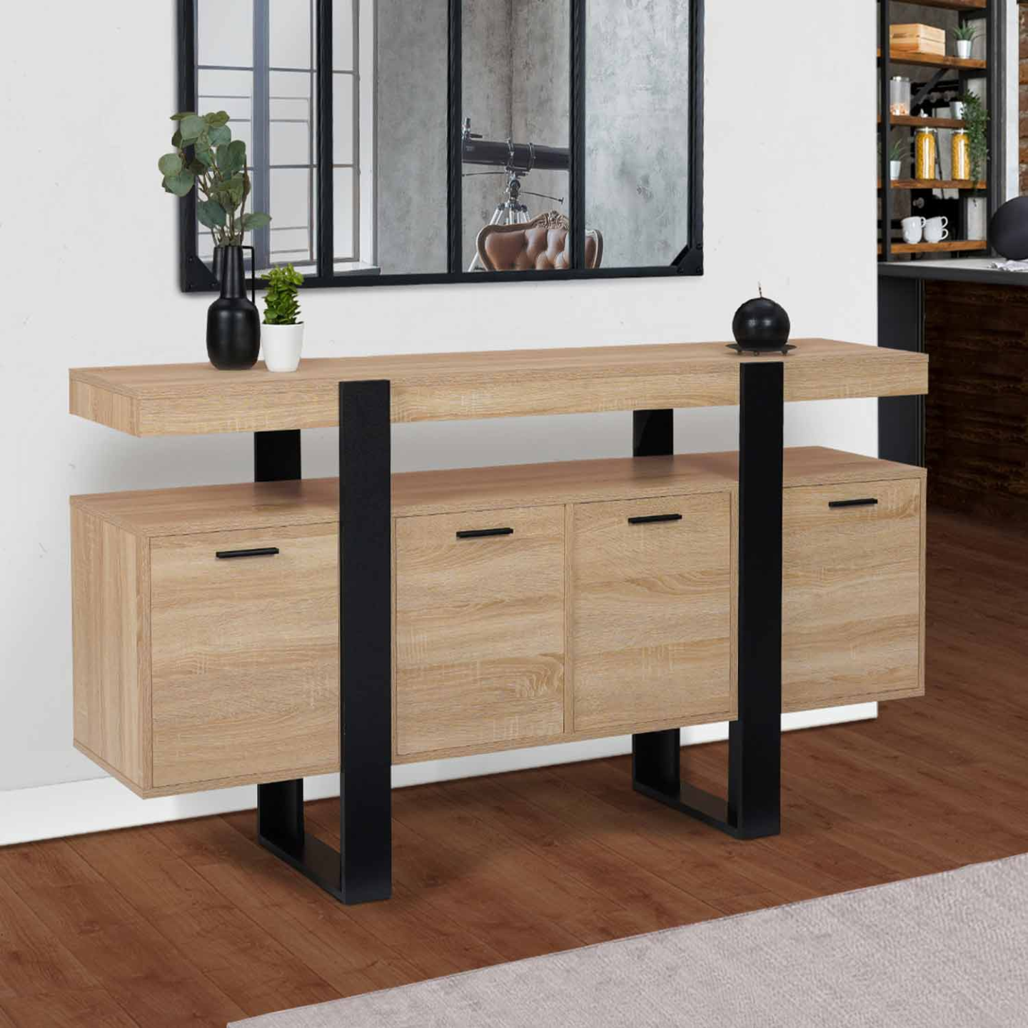 Buffet 160 cm PHOENIX XXL 4 portes bois et noir - Image 1